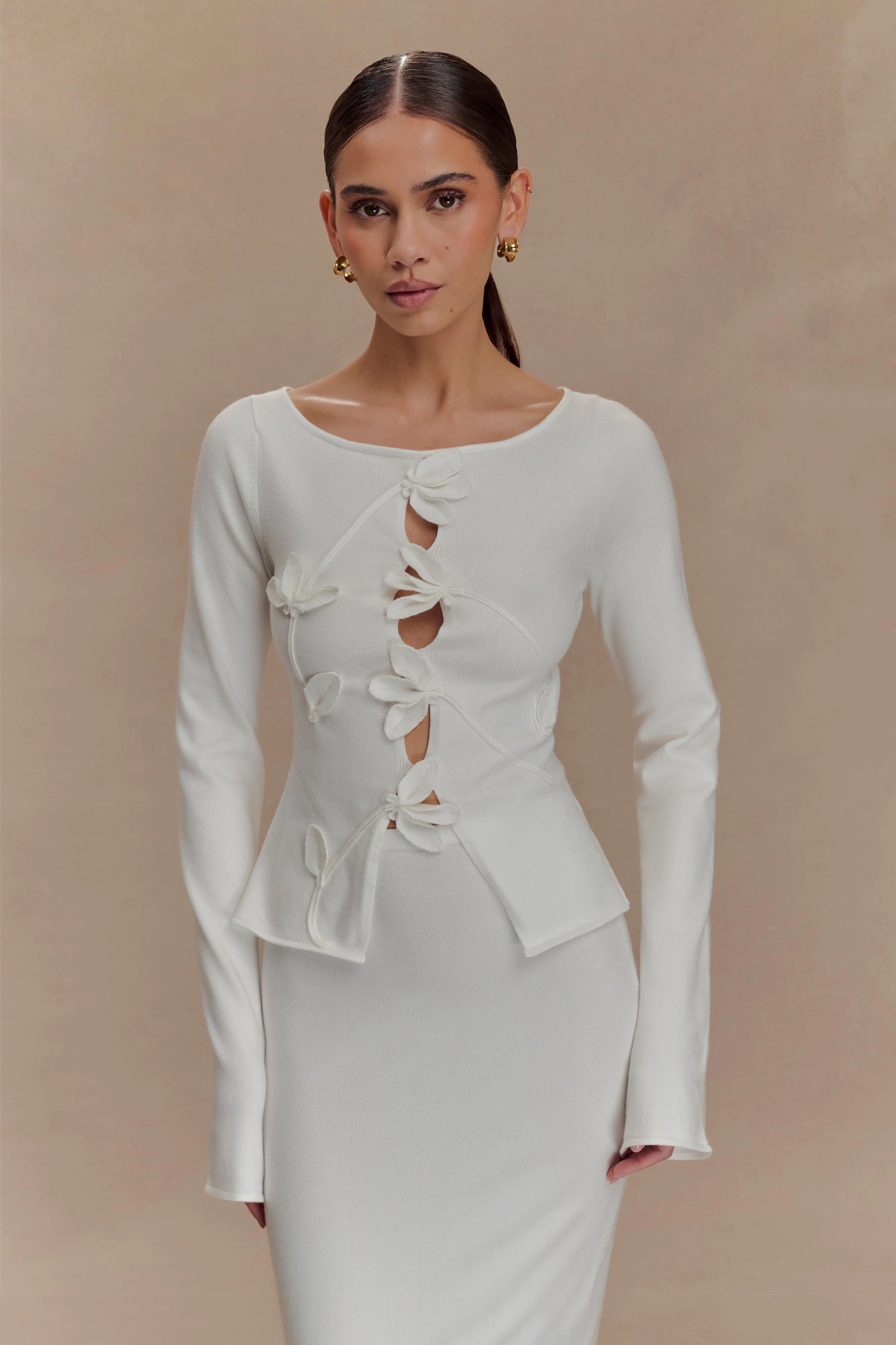 Alejandra Floral Long Sleeve Knit Top - White