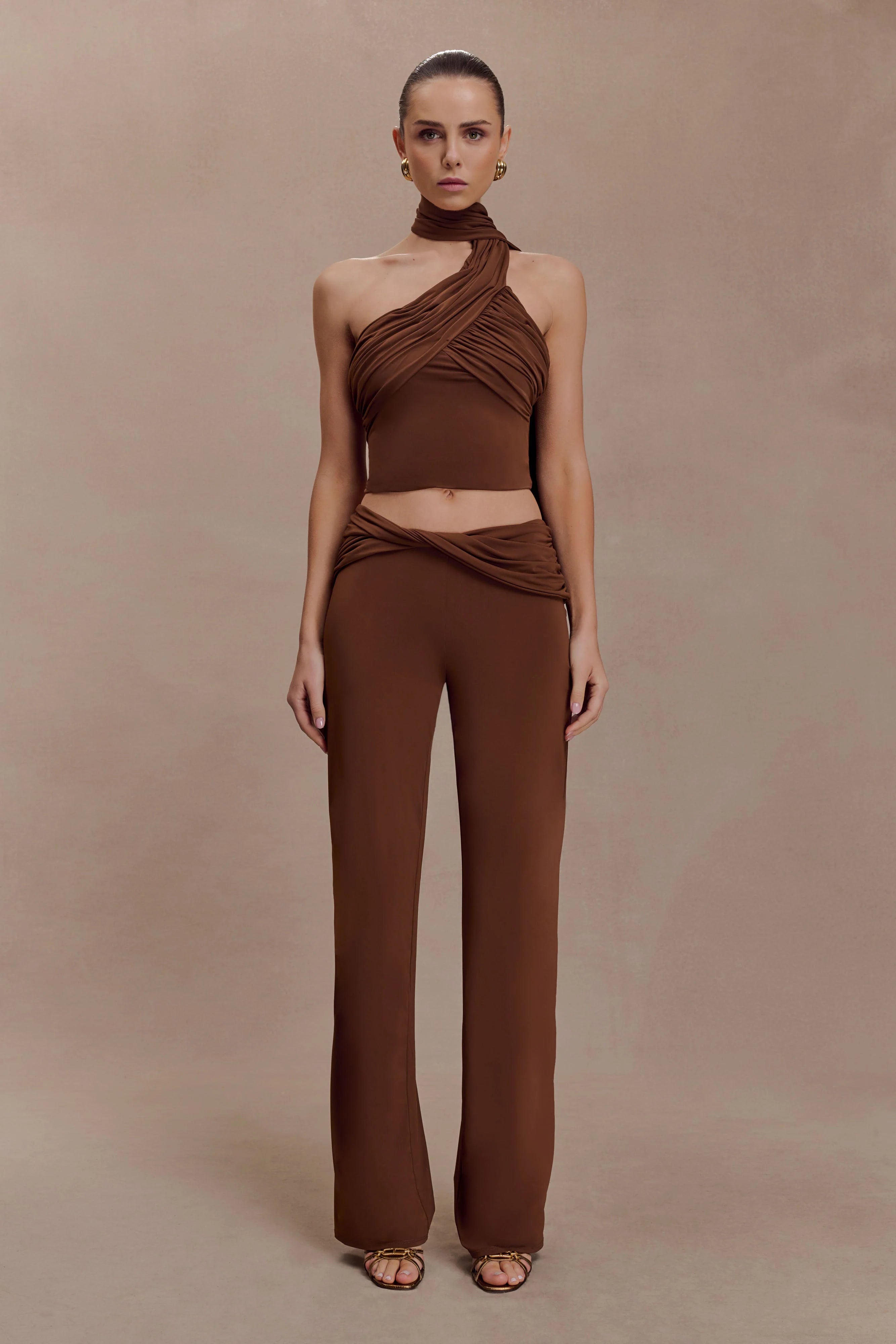 Lydia Slinky Asymmetrical Halter Top - Chocolate