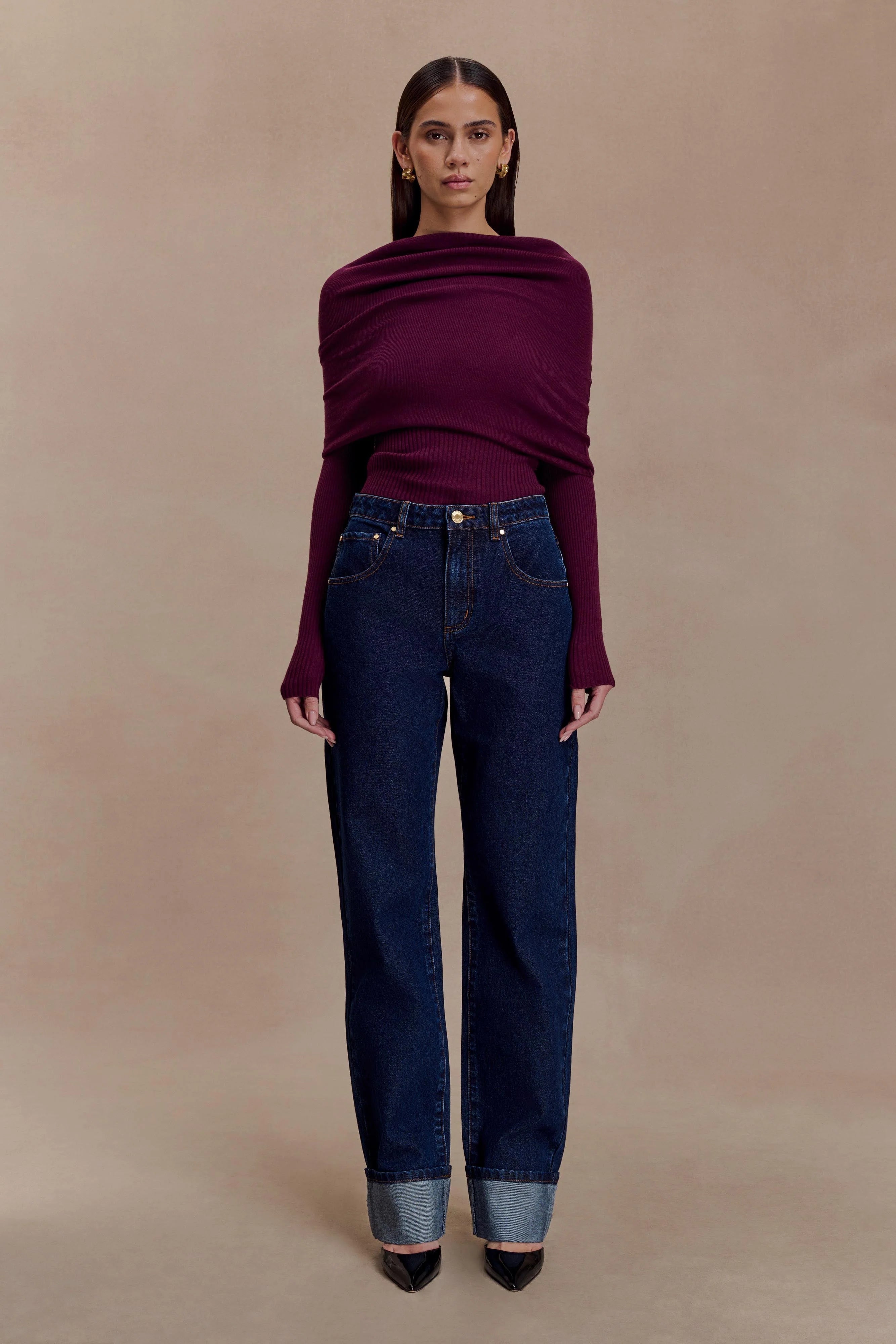 Mazie Asymetrical Cashmere Blend Long Sleeve Knit Top - Plum
