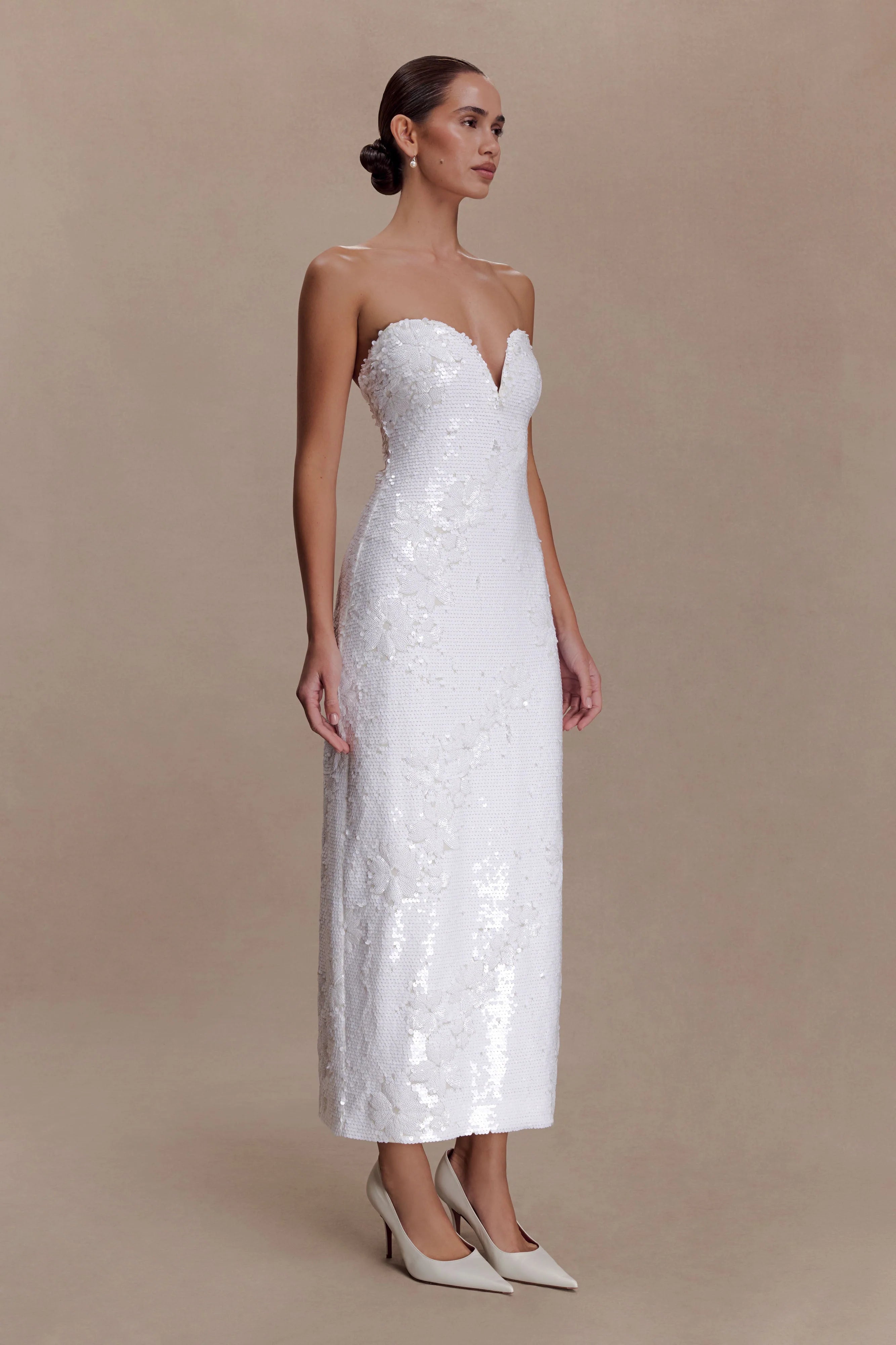 Maisie Strapless Sequin Midi Dress - White