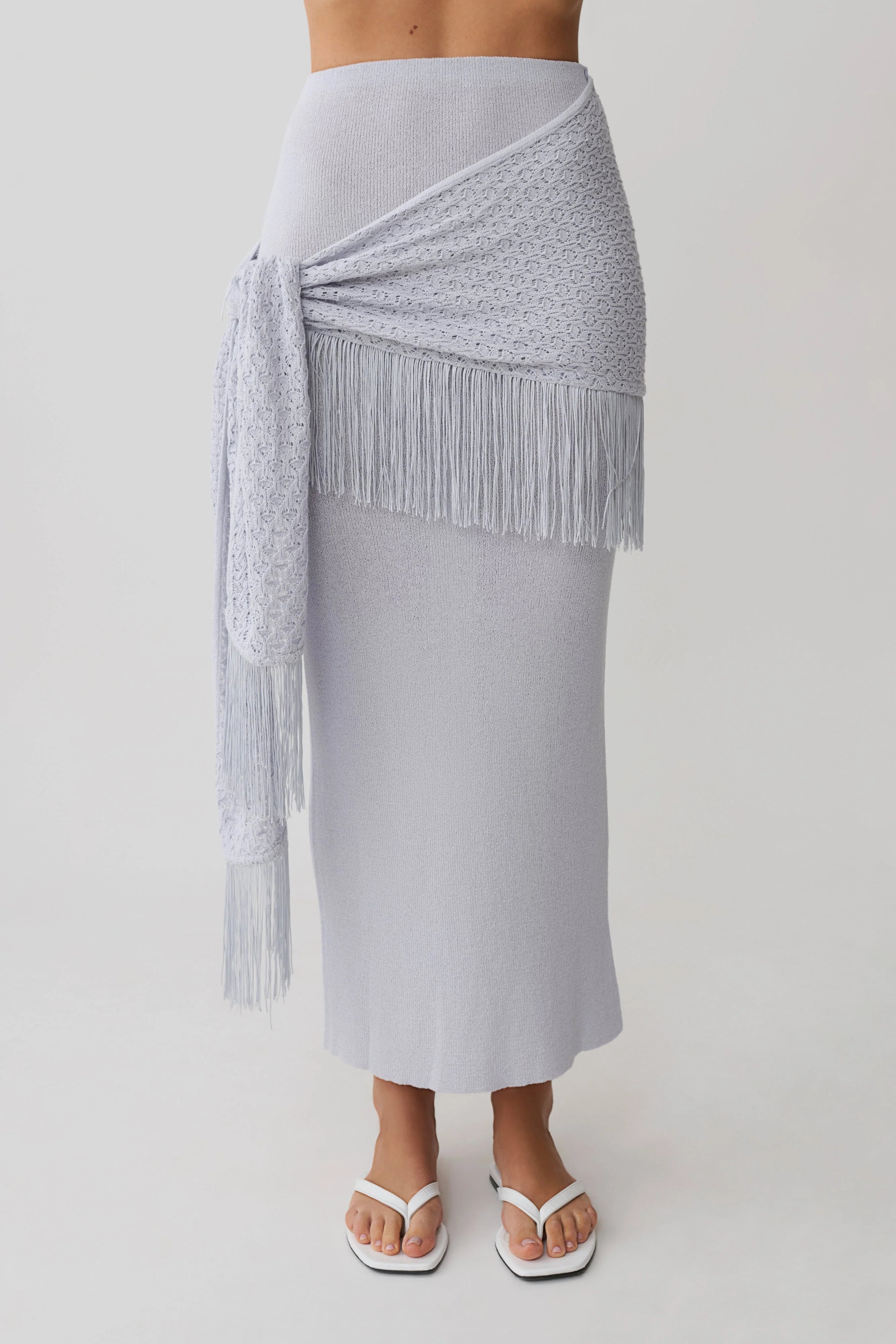 Jaytee Knit Maxi Skirt With Fringe Tie - Sky Blue