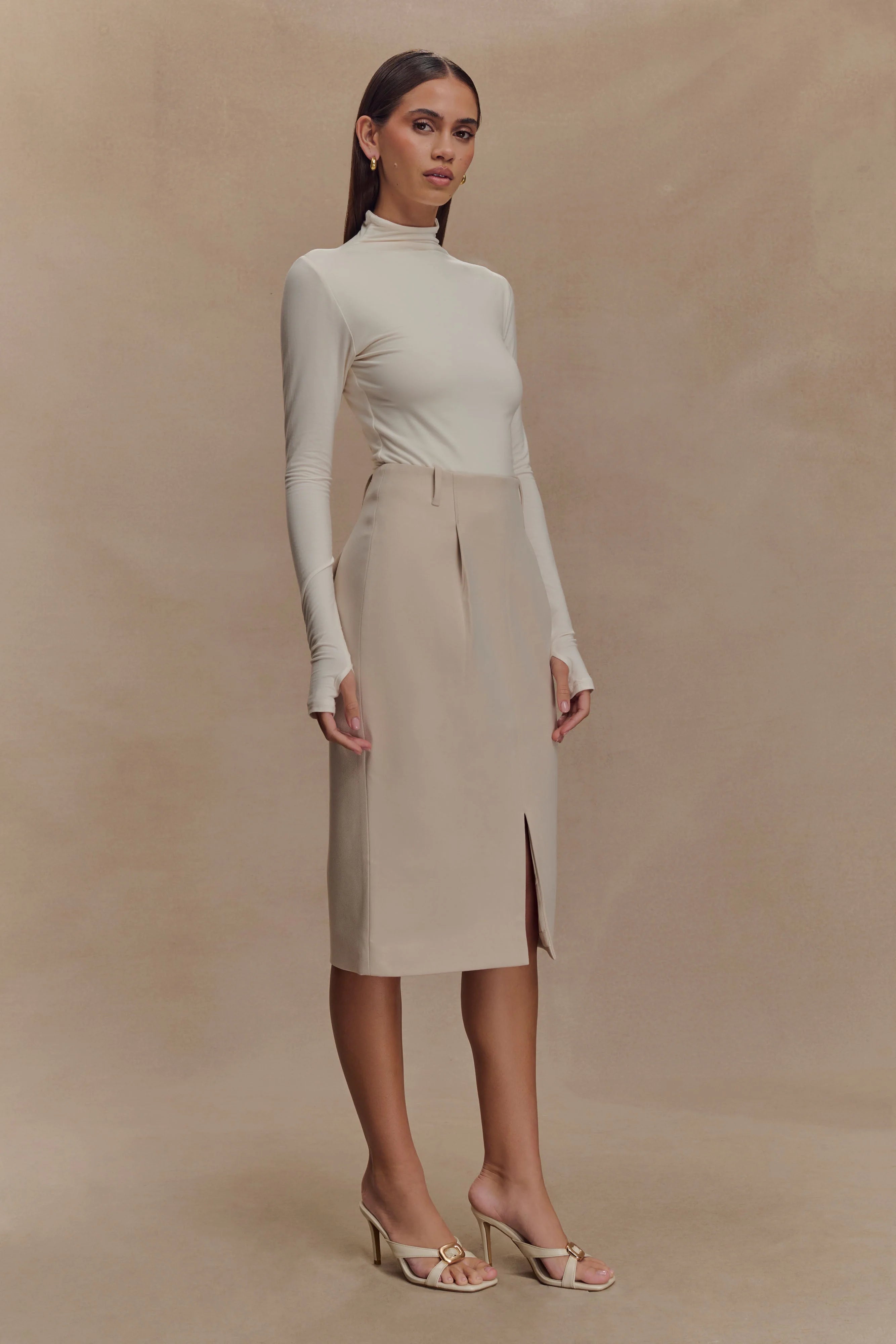 Vera Suiting Split Front Midi Skirt - Ivory Stone