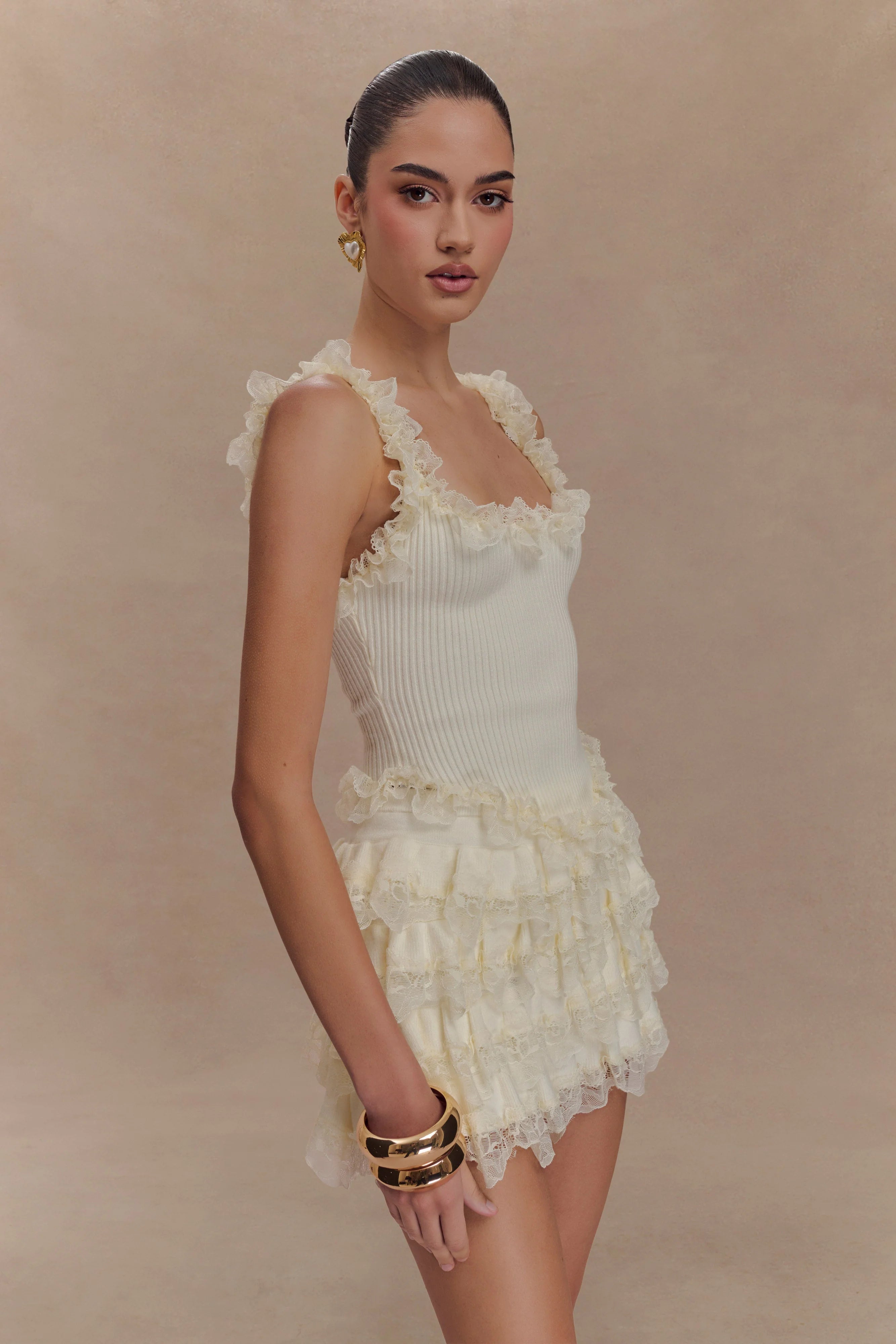 Shay Lace Ruffle Knit Top - Cream