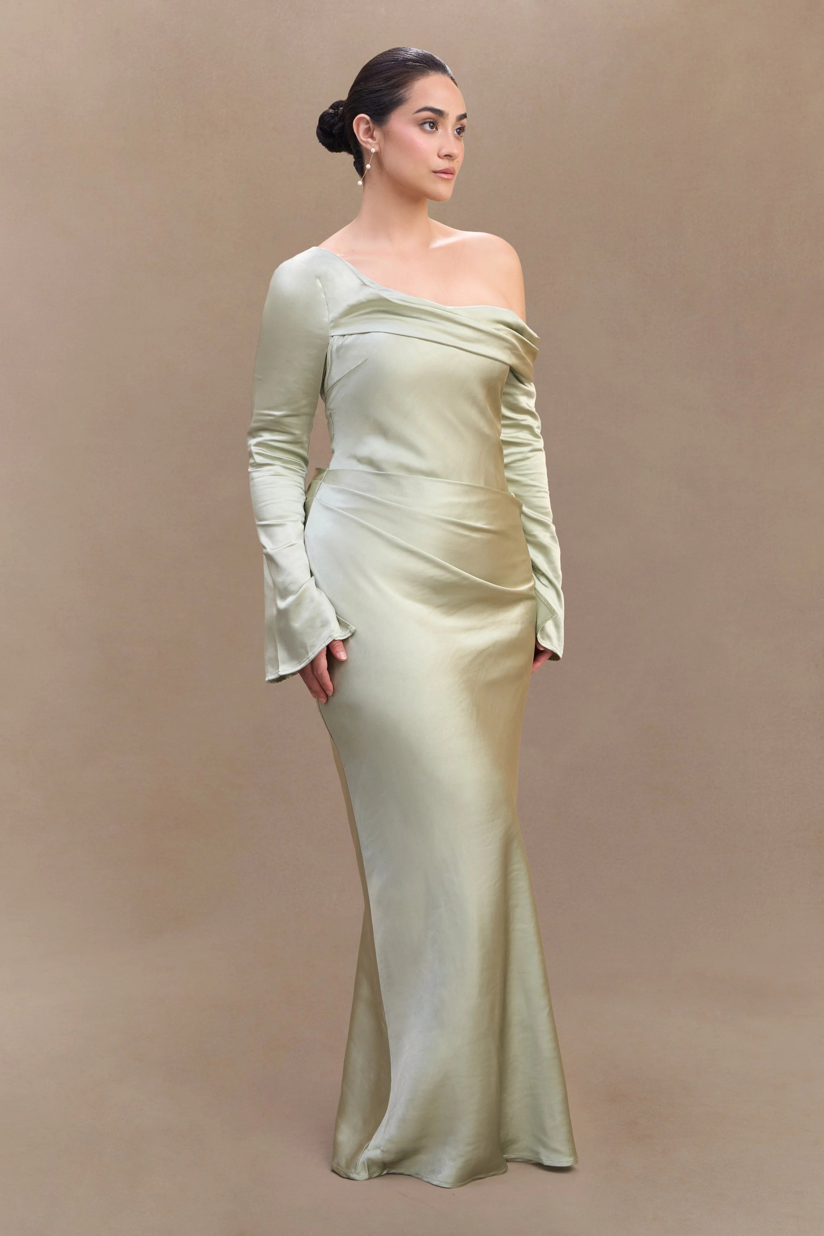 Iris Long Sleeve Satin Maxi Dress - Sage