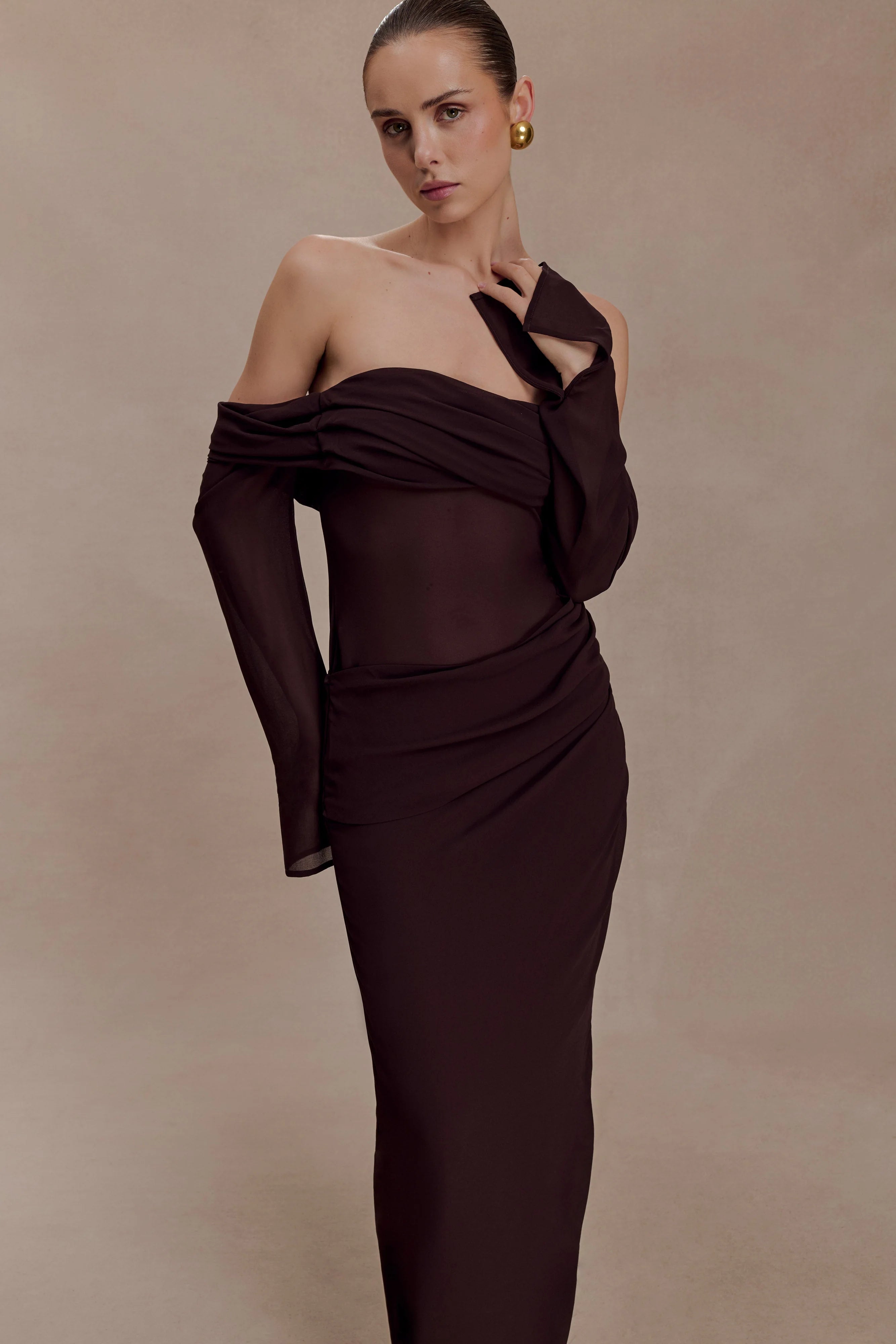 Kirsten Off Shoulder Chiffon Maxi Dress - Cacao Brown