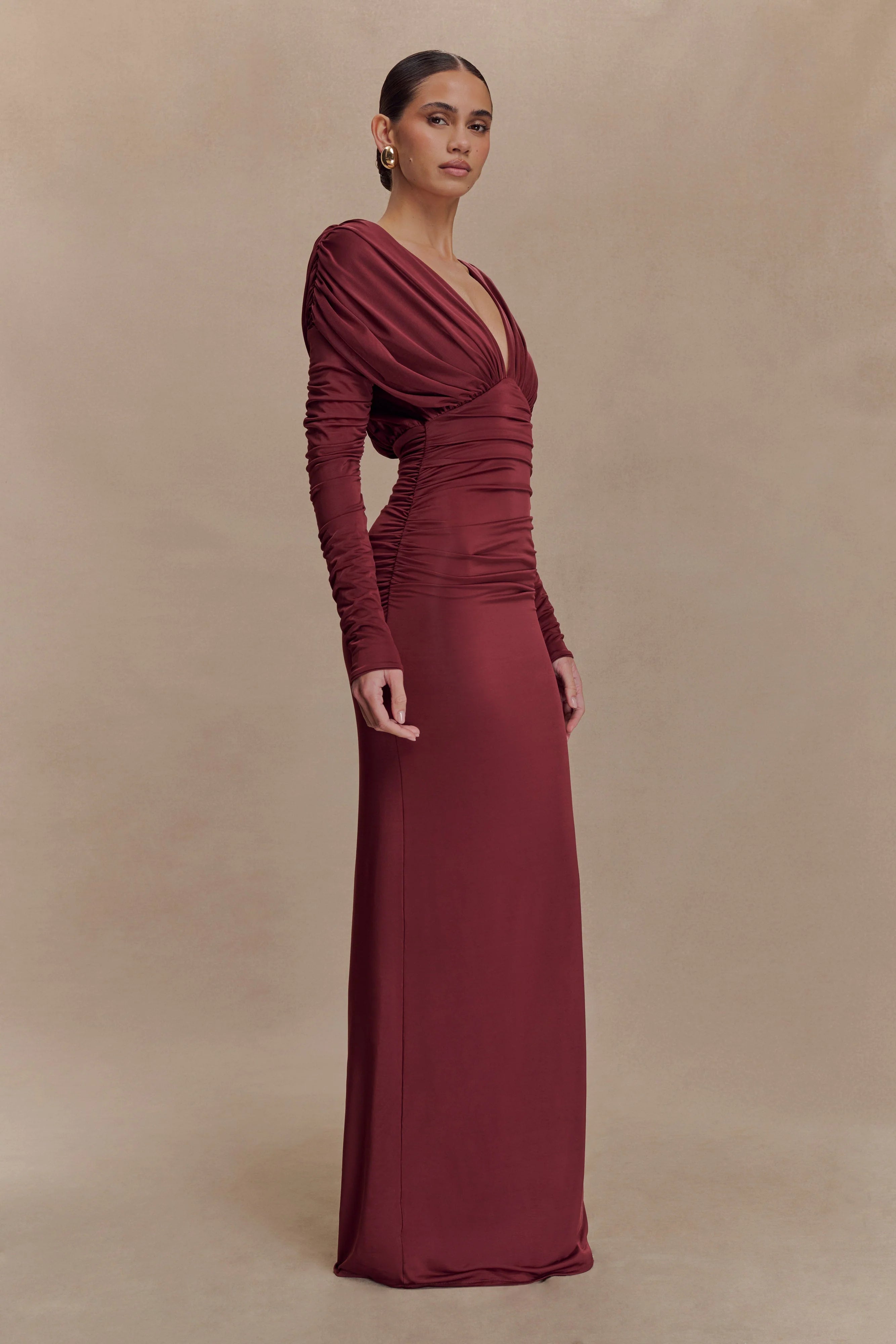 Hayden Long Sleeve Plunge Maxi Dress - Wine