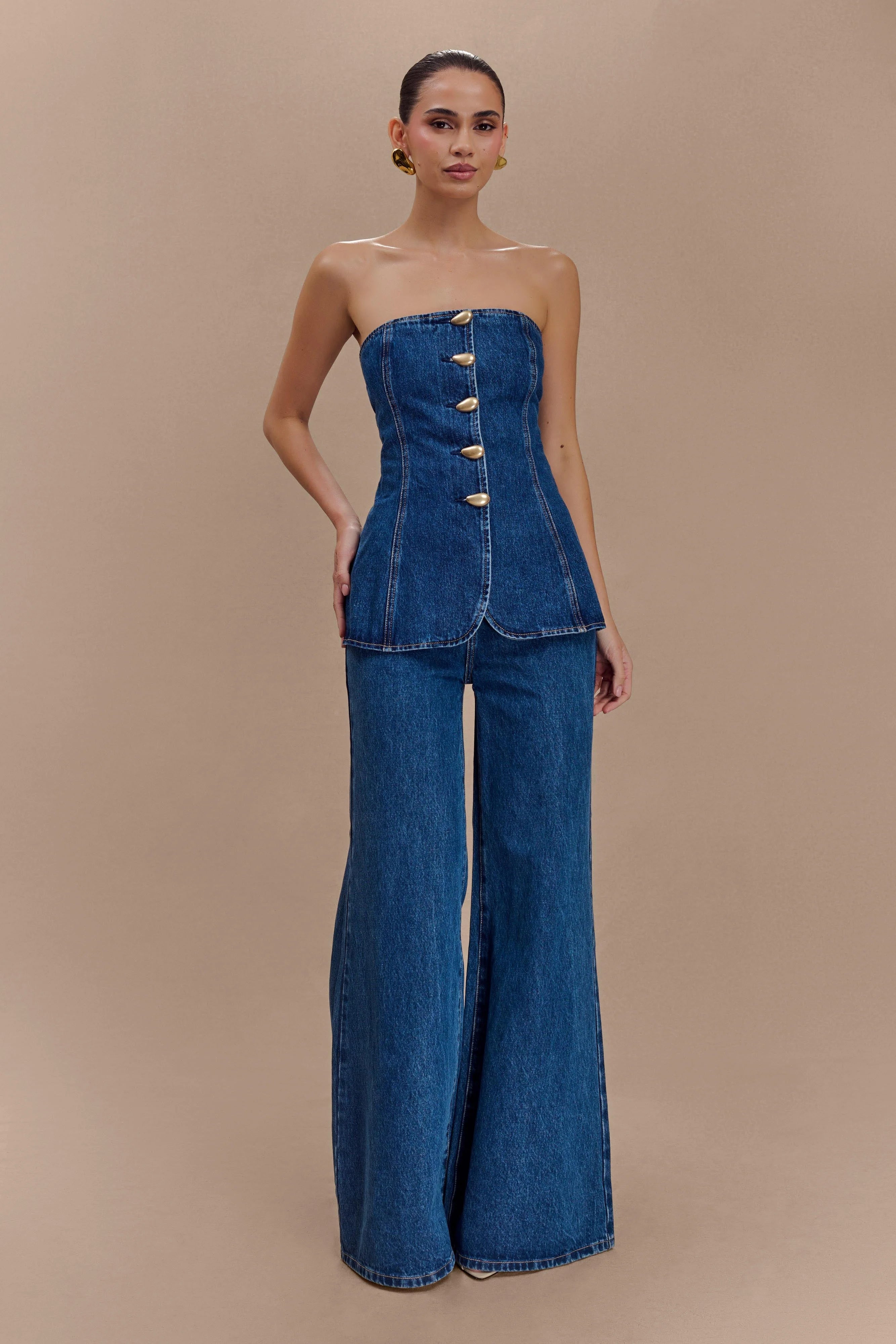 Lennox Strapless Long Line Button Top - Dark Blue
