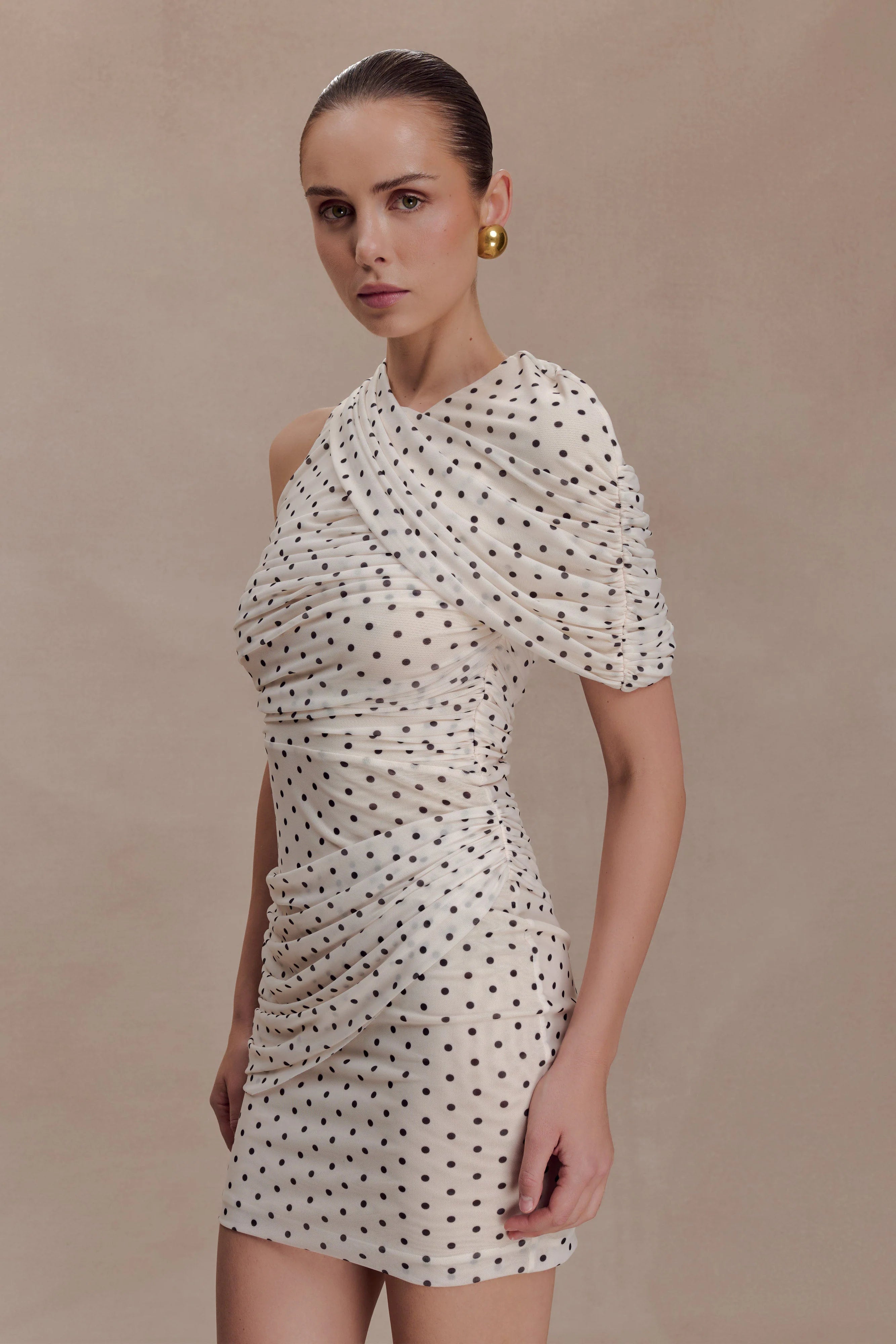 Adrienne One Shoulder Mesh Mini Dress - Polka Dot