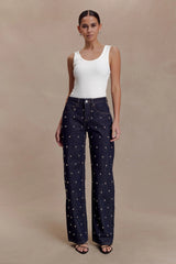 Alima Mid Rise Stud Denim Jeans - Washed Indigo Blue