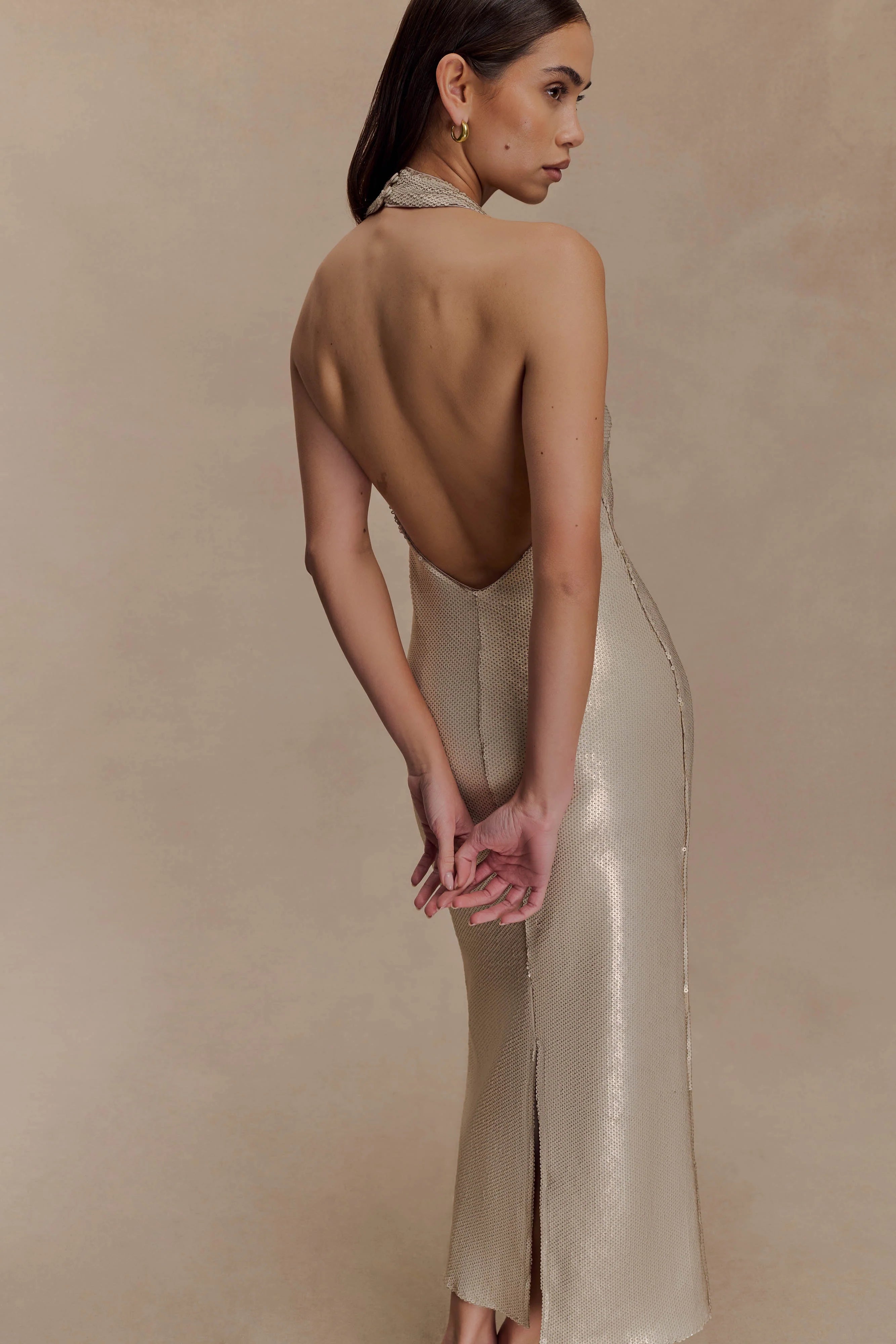 Carnation Sequin Halter Midi Dress - Gold