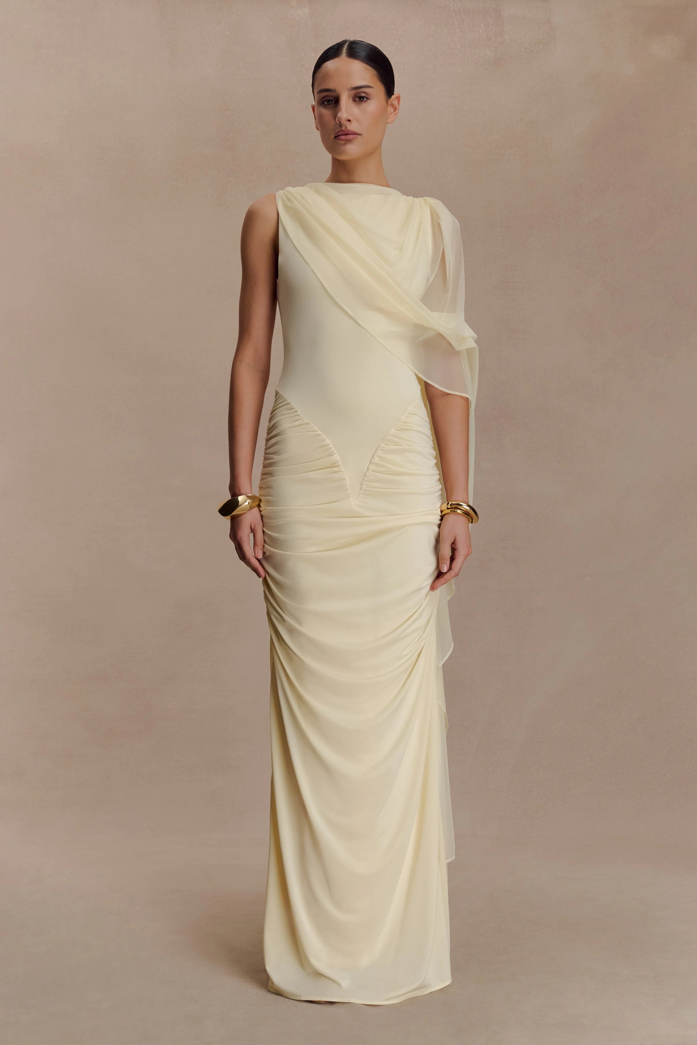 Amandine Ruched Slinky Maxi Dress - Lemon