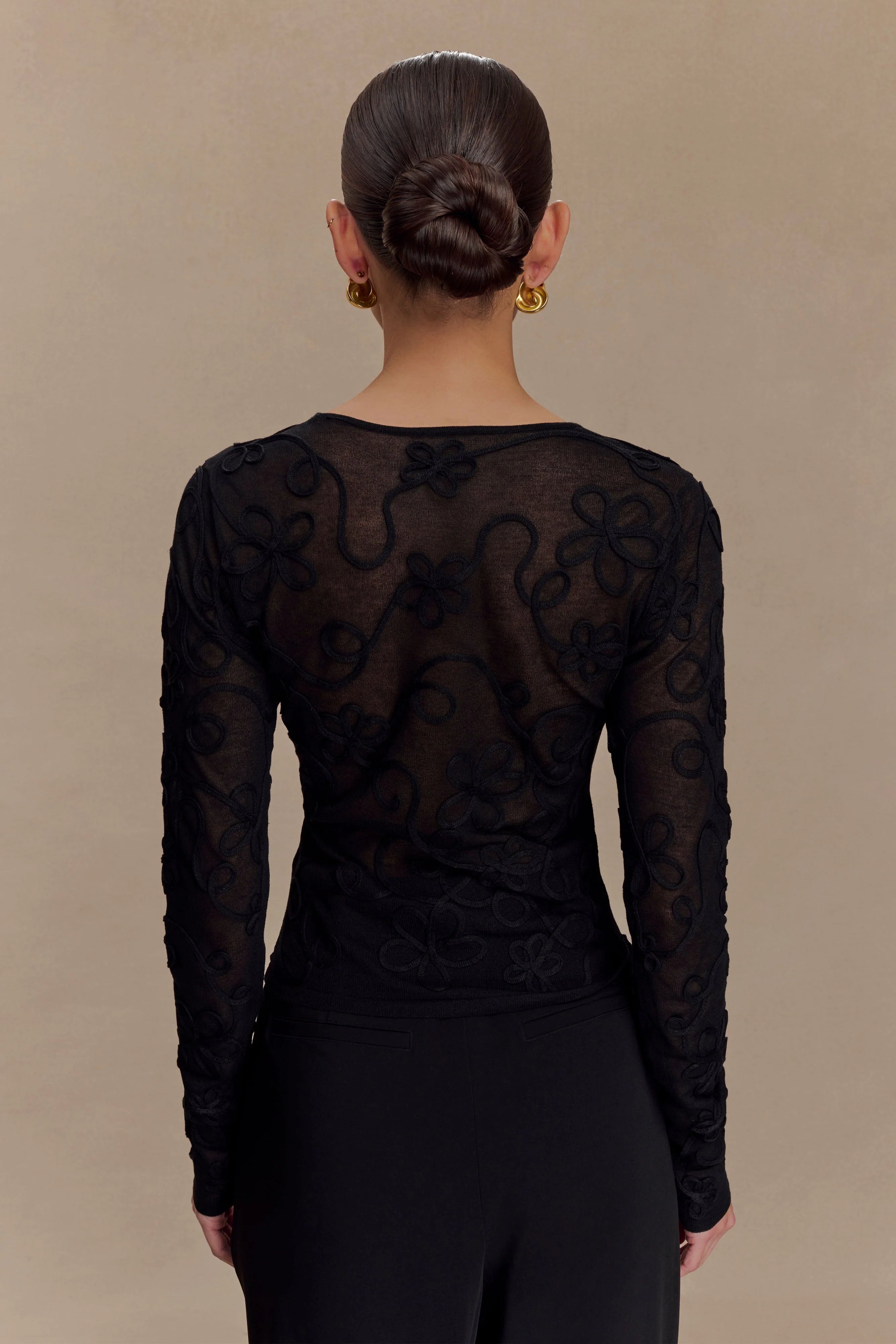 Omari Embroidery Long Sleeve Knit Top - Black