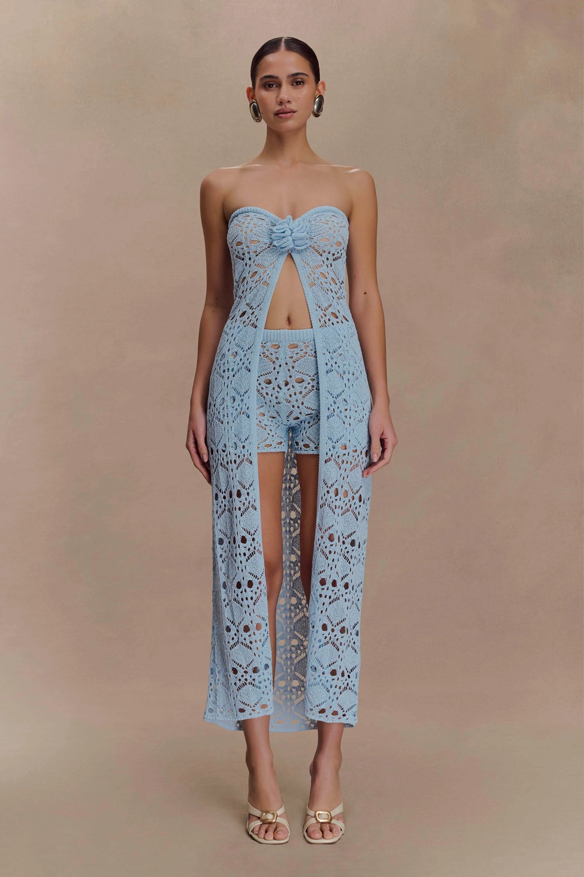 Aeline Strapless Crochet Knit Top - Sky Blue