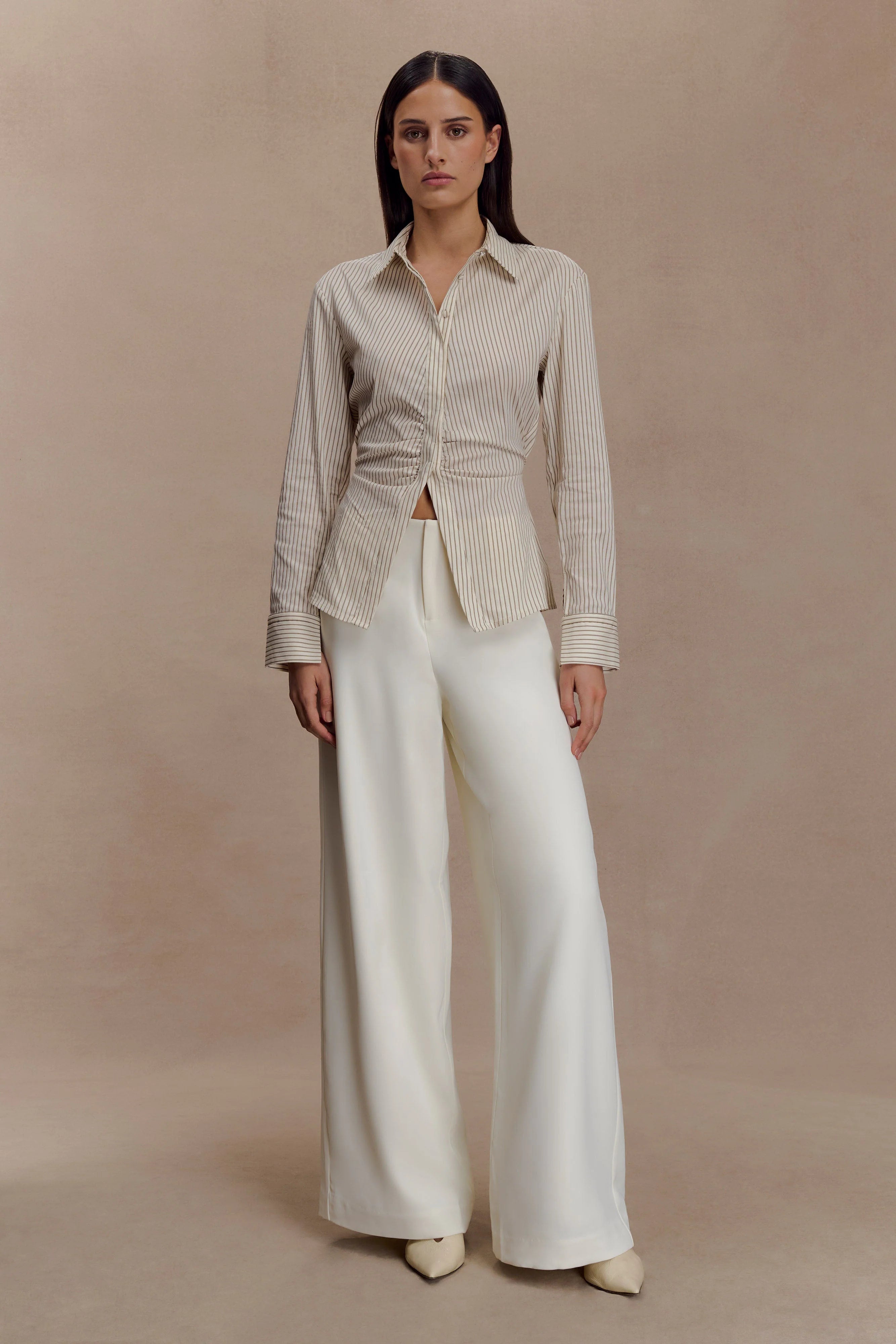 Millie Tie Back Cotton Shirt - Beige Pinstripe