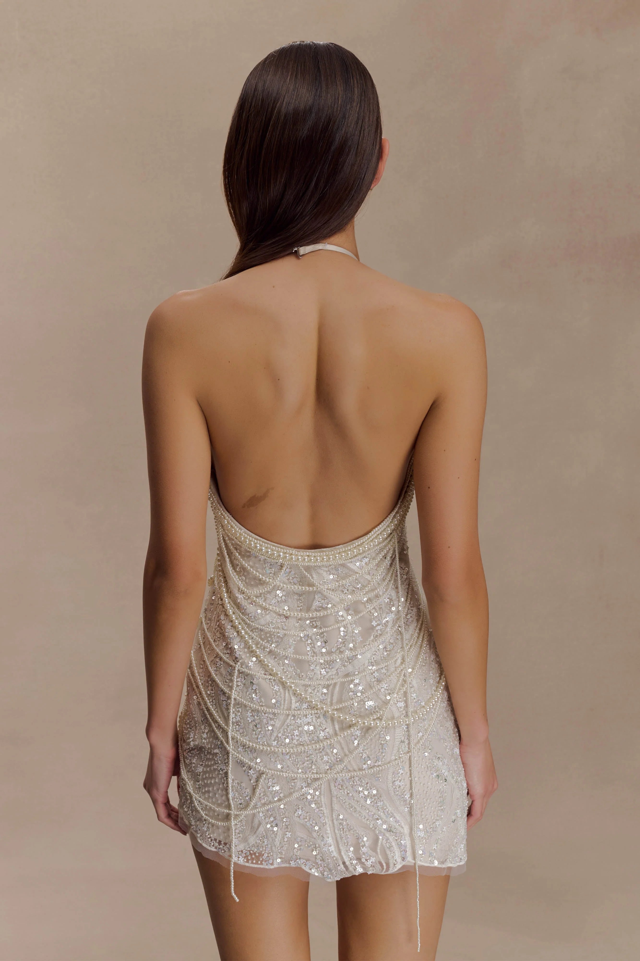 Adora Pearl Halter Mini Dress - White
