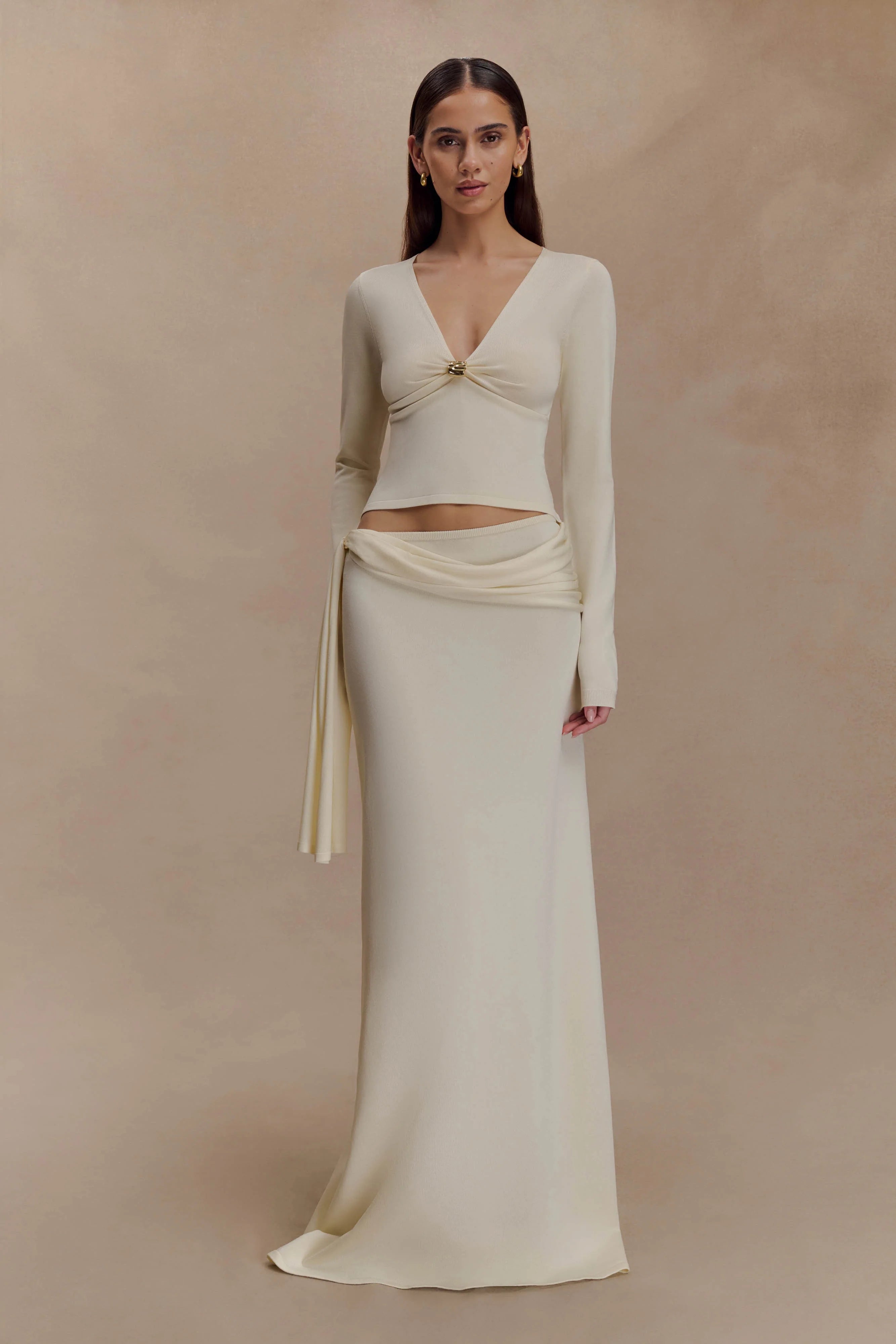 Miraby Front Ruched Knit Long Sleeve Top - Ivory