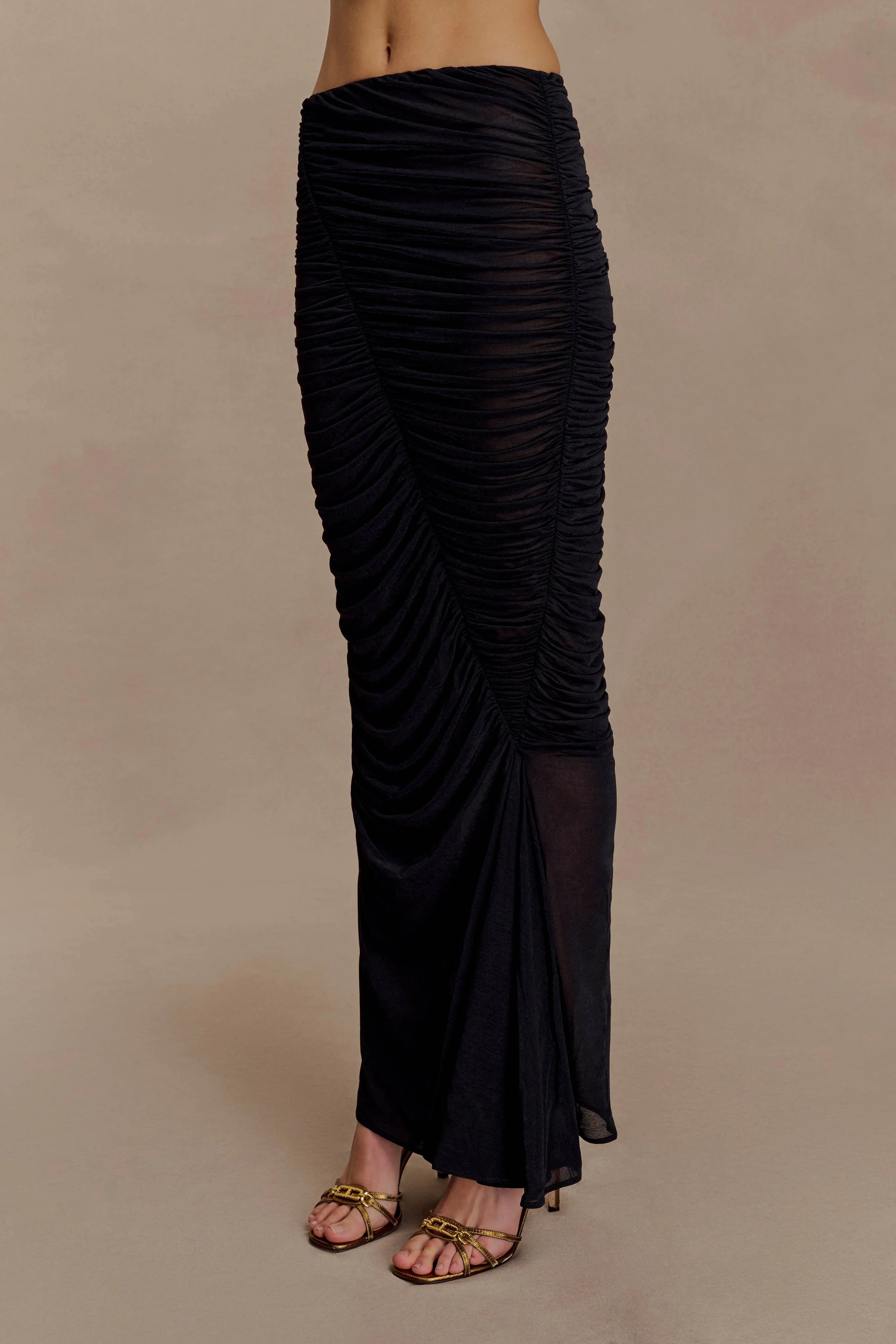 Matilda Ruched Mesh Maxi Skirt - Black
