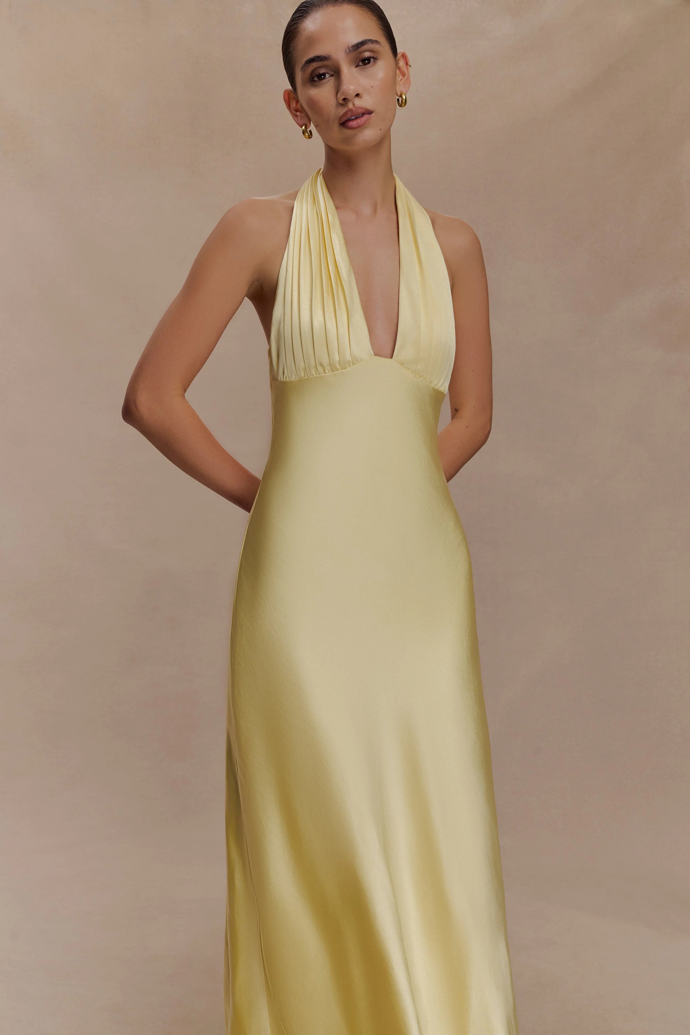 Alice Satin Halter Maxi Dress - Lemon