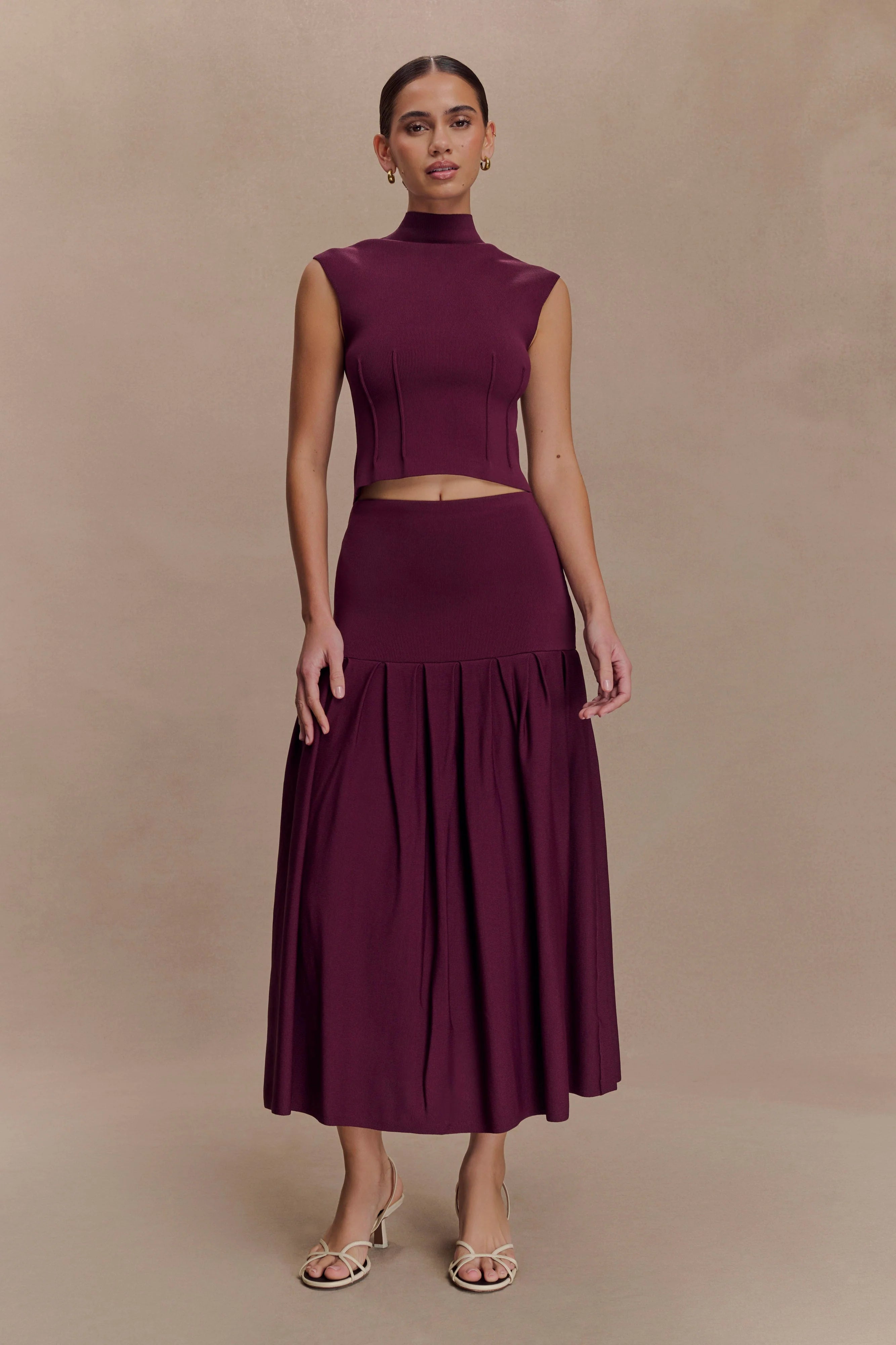 Romaine High Neck Bandage Knit Top - Wine