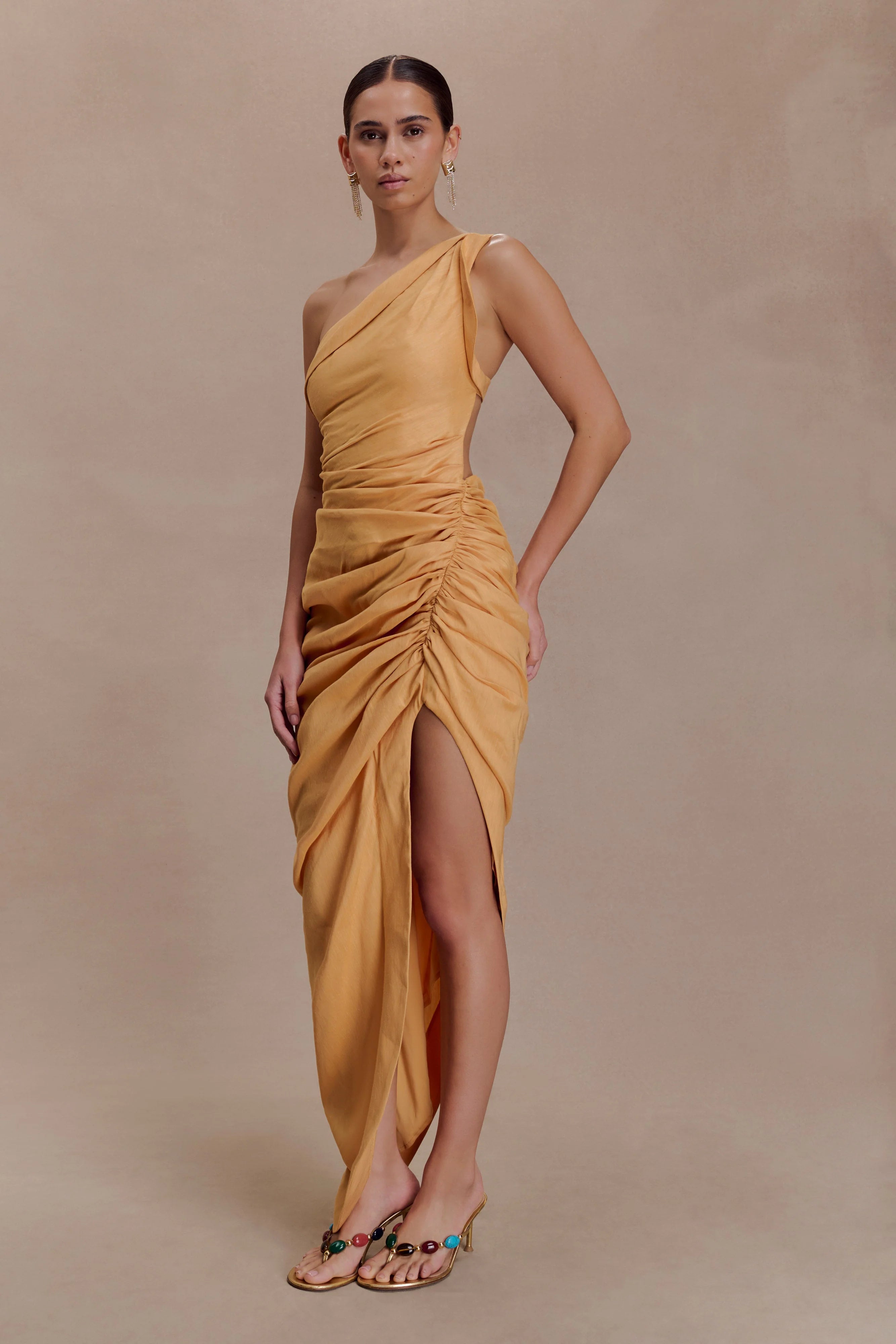 Birgit Linen Midi Dress With Hardware - Deep Peach