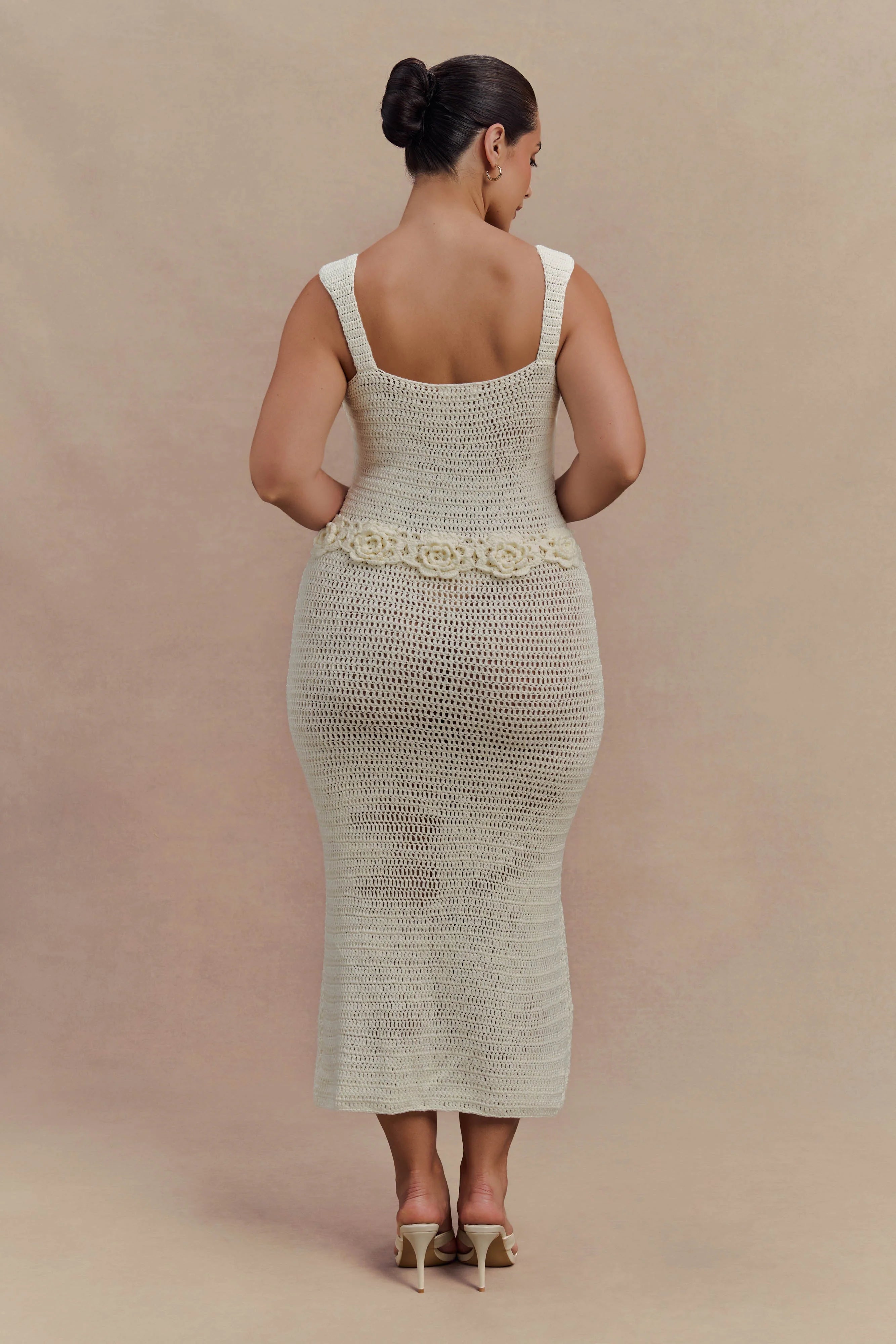 Teagan Floral Hand Crochet Midi Dress - Ivory