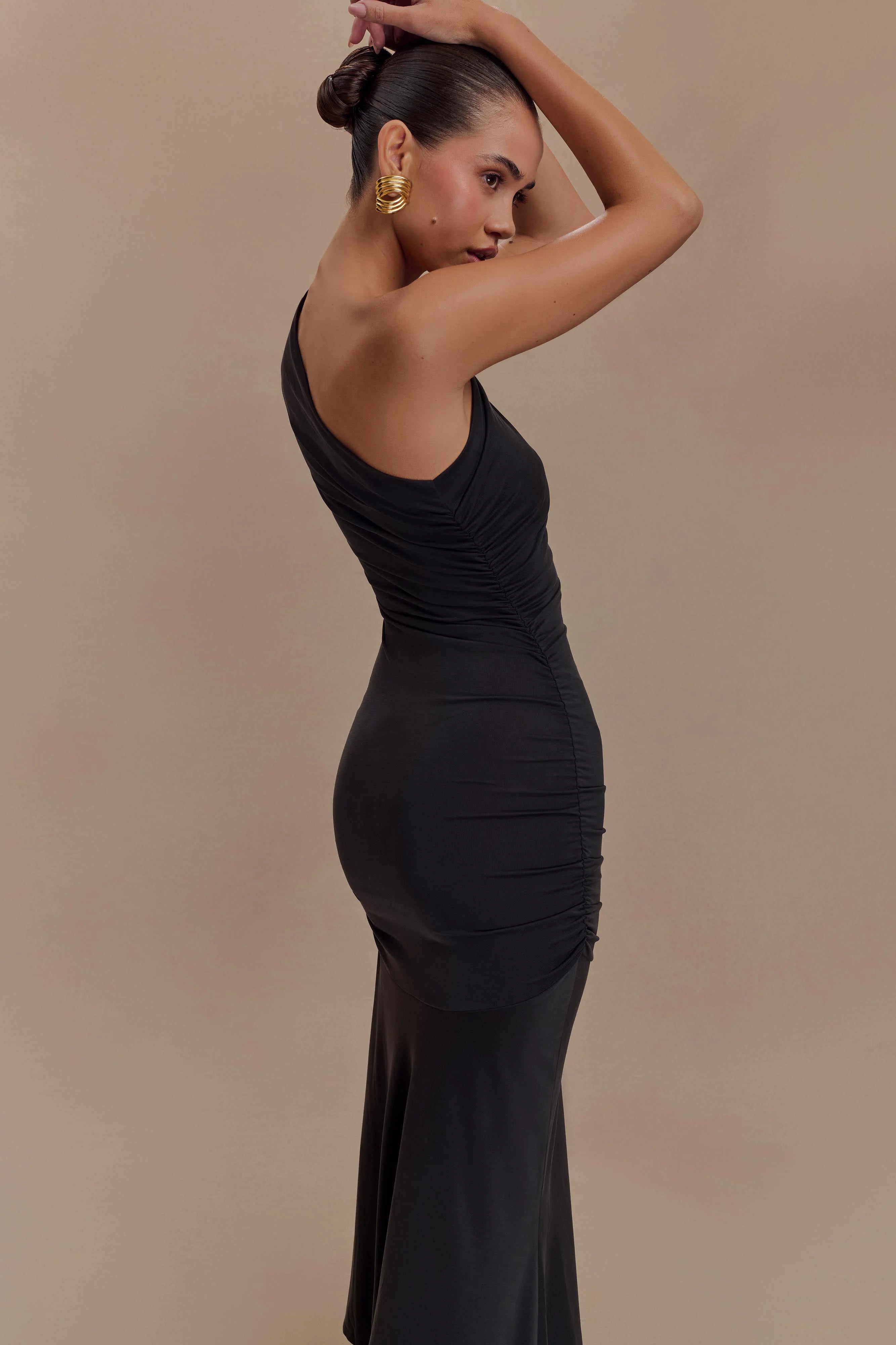 Chloe Peached Jersey One Shoulder Midi Dress - Black