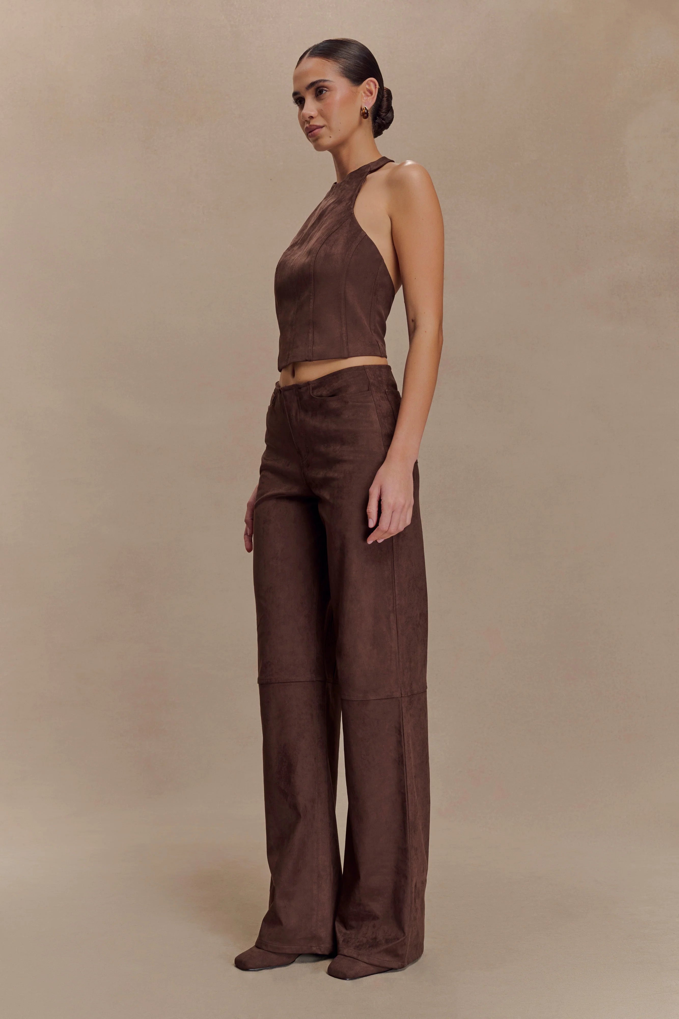 Logan Faux Suede Halter Top - Dark Chocolate
