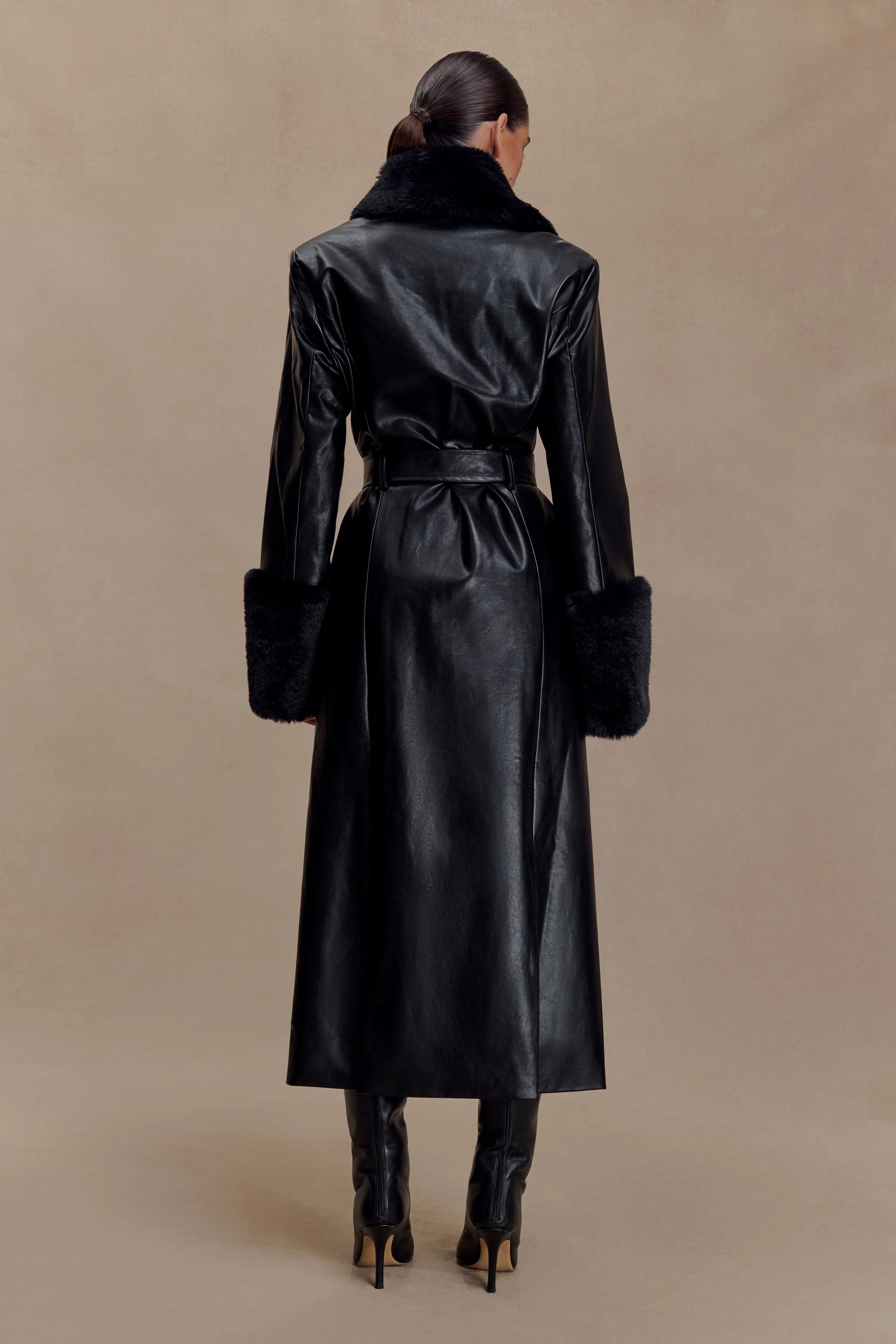 Bec Faux Leather Trench Coat With Faux Fur - Black