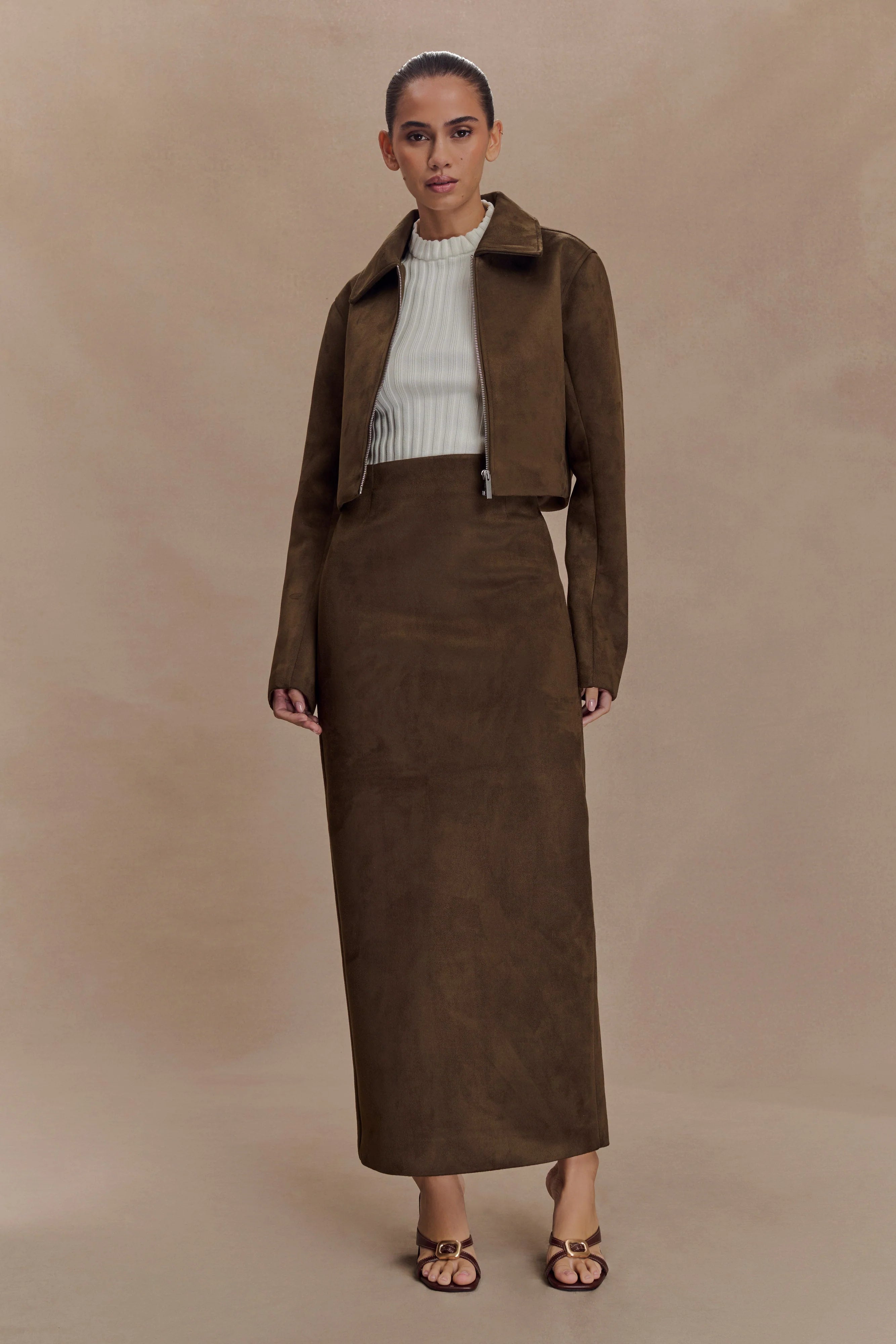 Hayes Faux Suede Collared Jacket - Chocolate