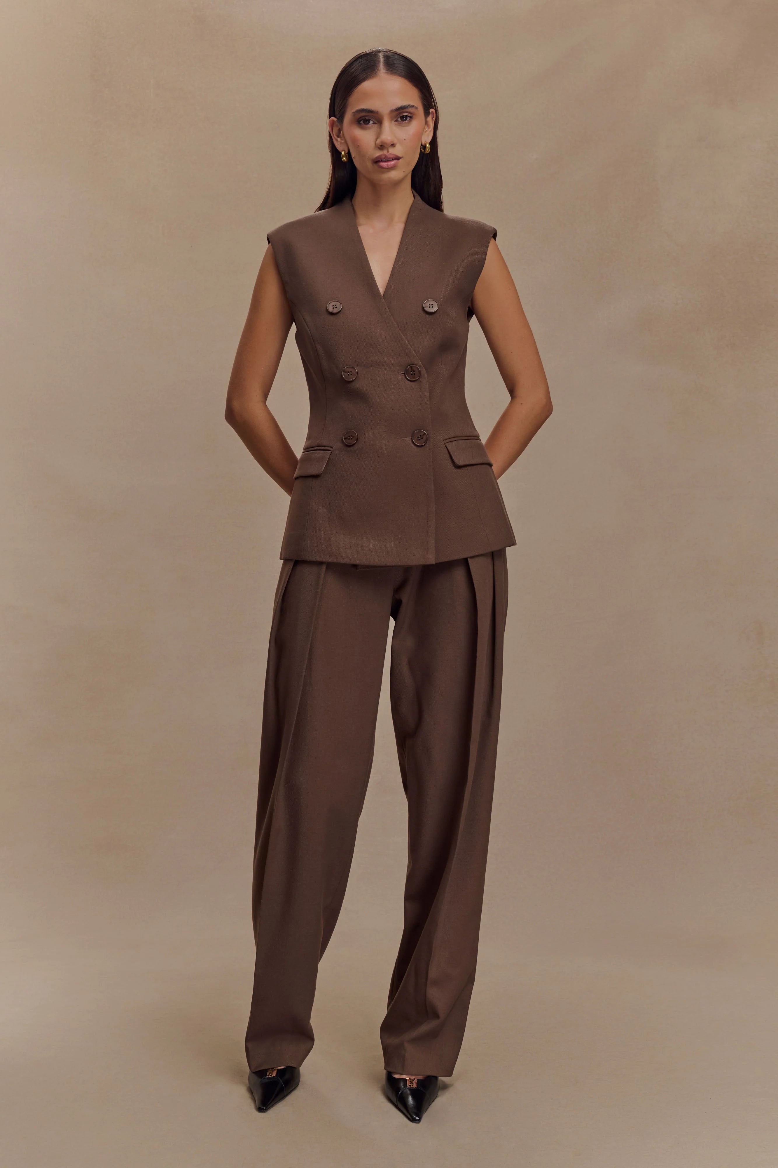 Penelope Suiting Sleeveless Blazer - Chocolate