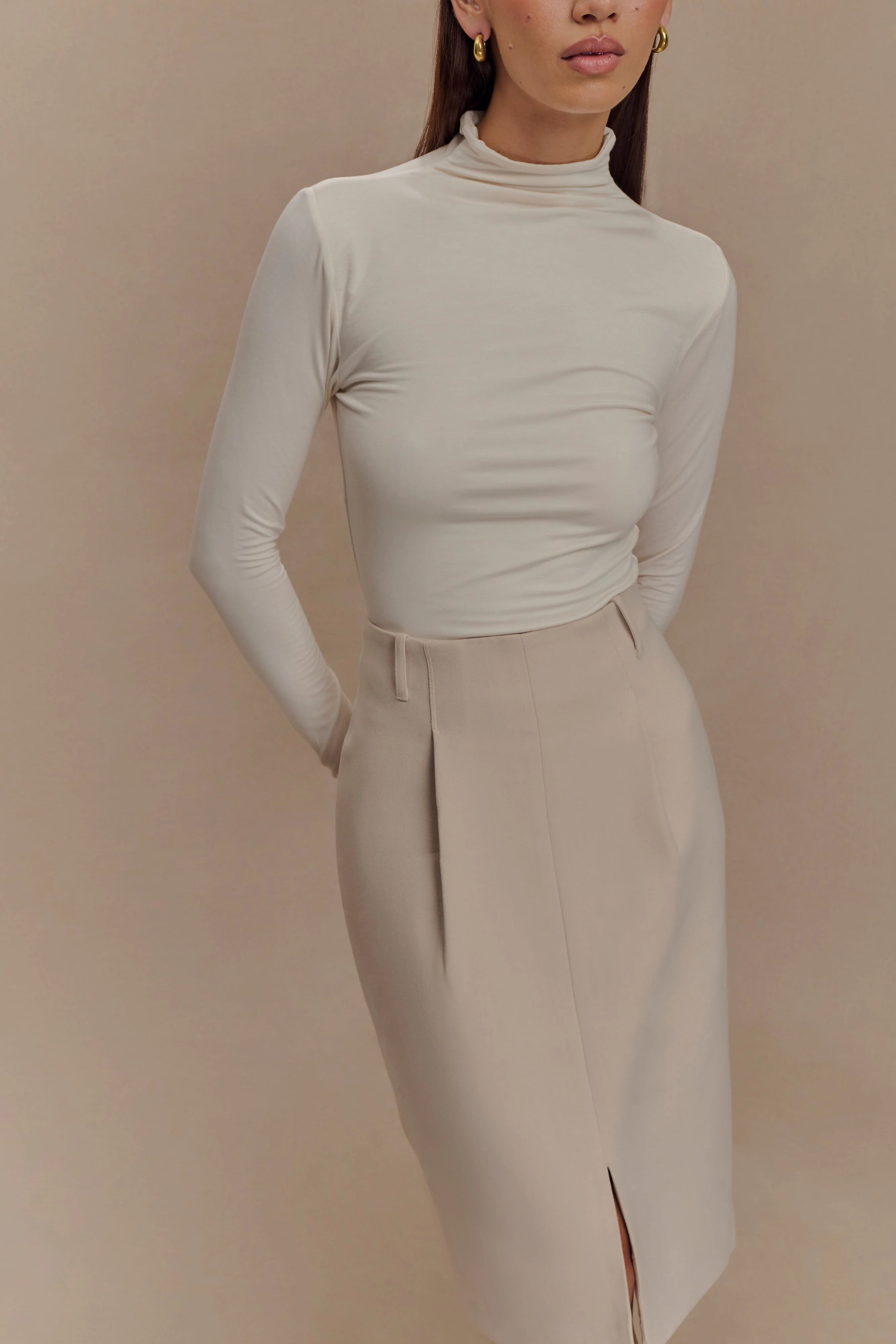 Vera Suiting Split Front Midi Skirt - Ivory Stone