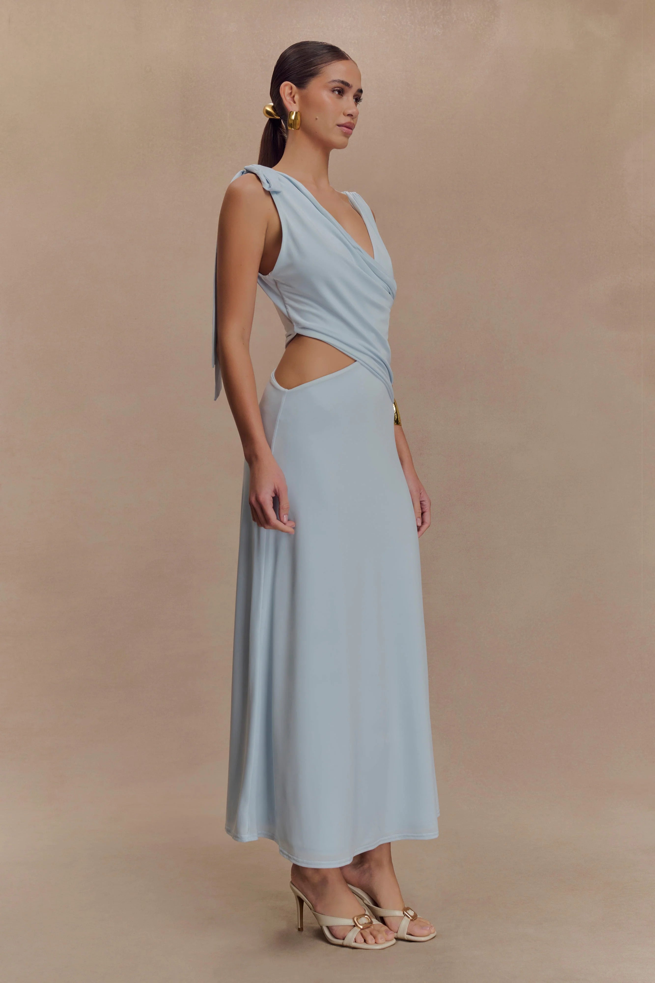 Raleigh Asymmetrical Slinky Midi Dress - Pale Blue