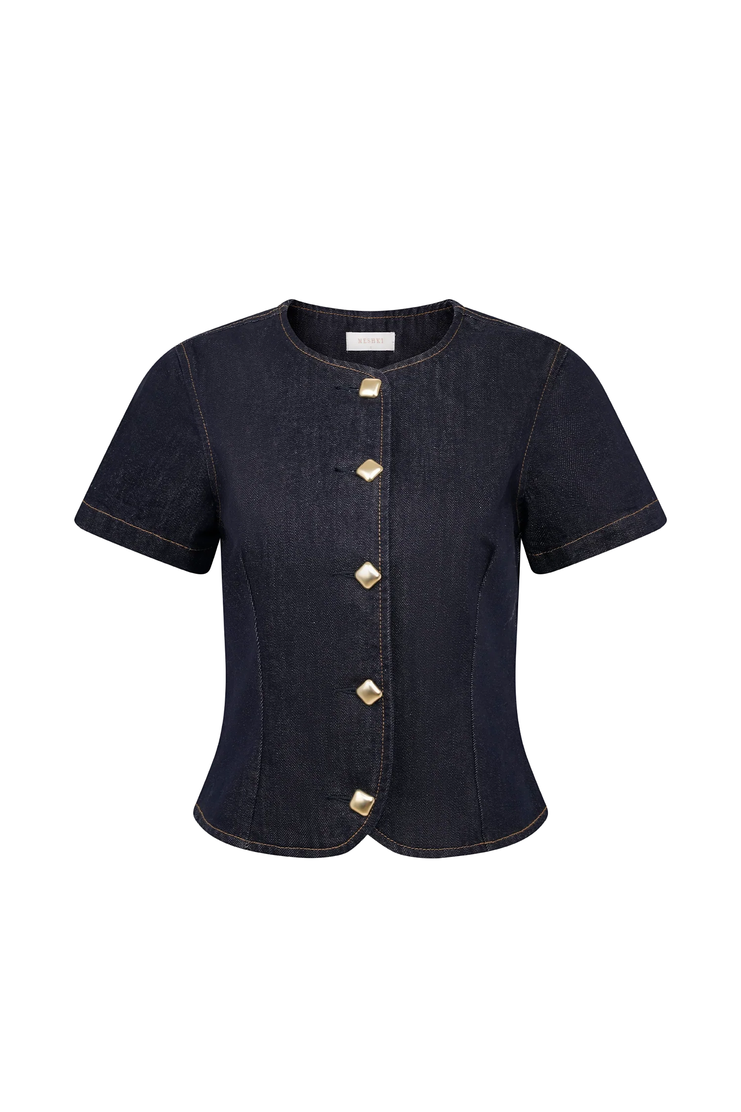 Bethany Short Sleeve Buttoned Denim Top - Washed Indigo Blue