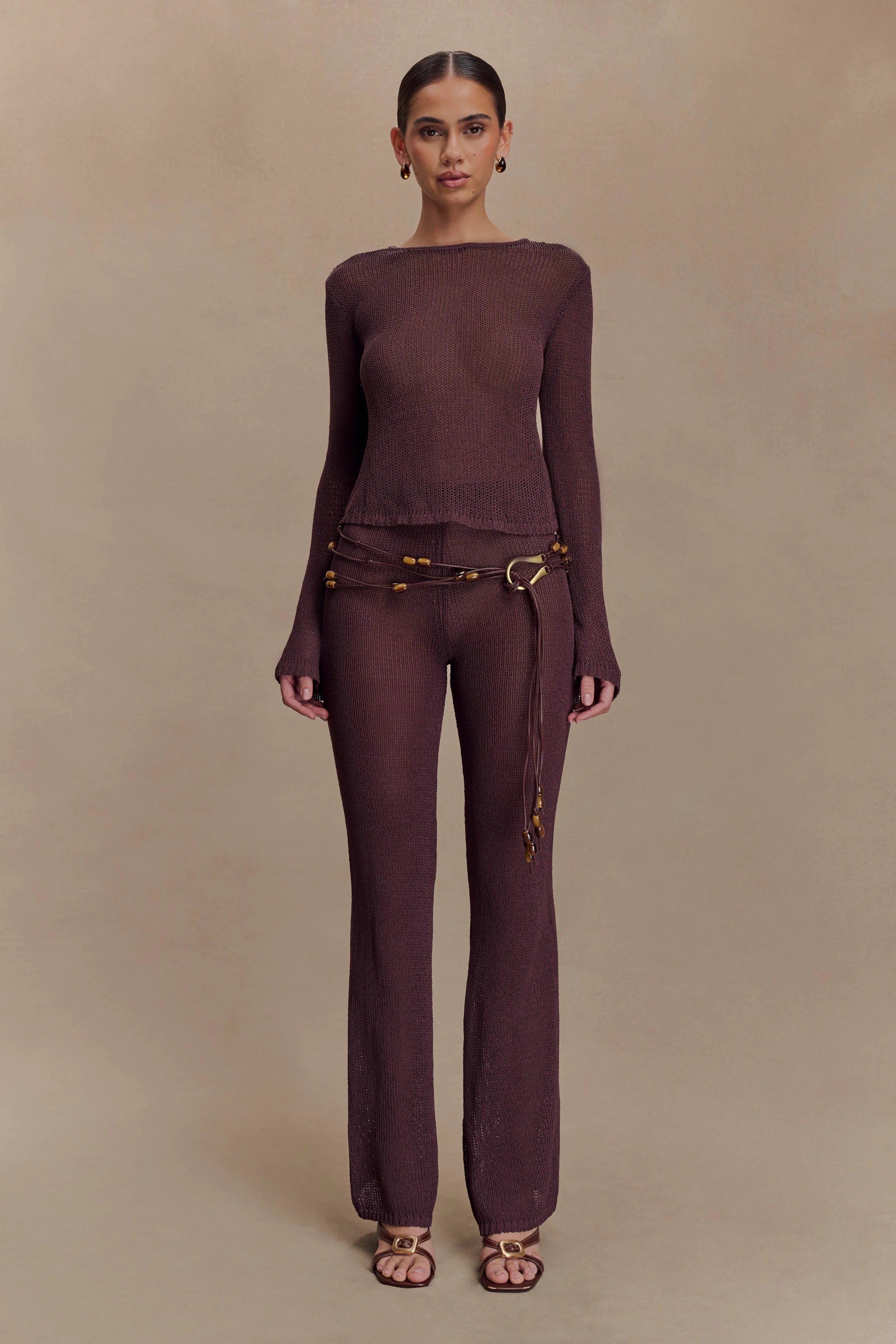 Enid Faux Leather Beaded Belt - Chocolate