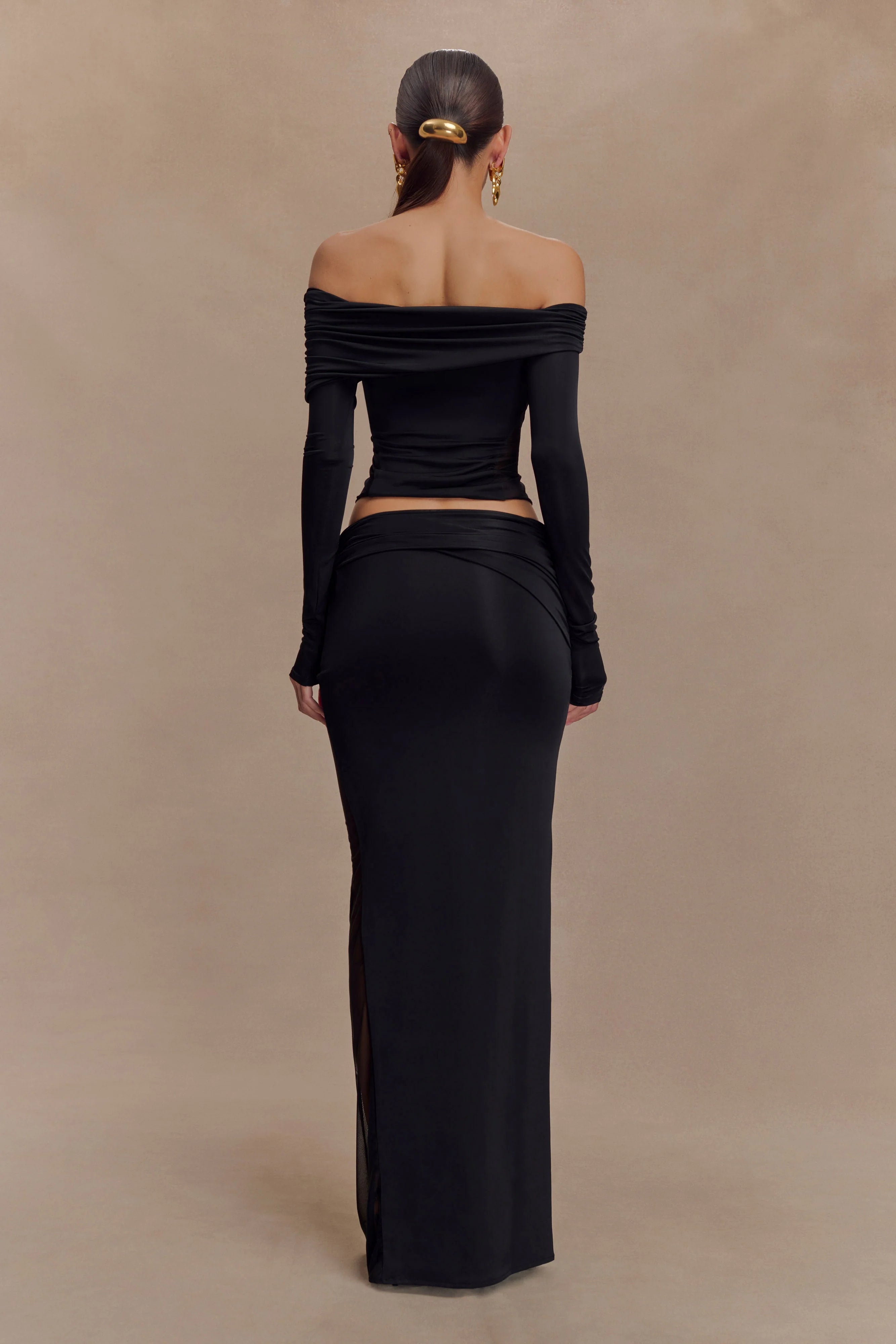 Judy Slinky And Mesh Off Shoulder Top - Black