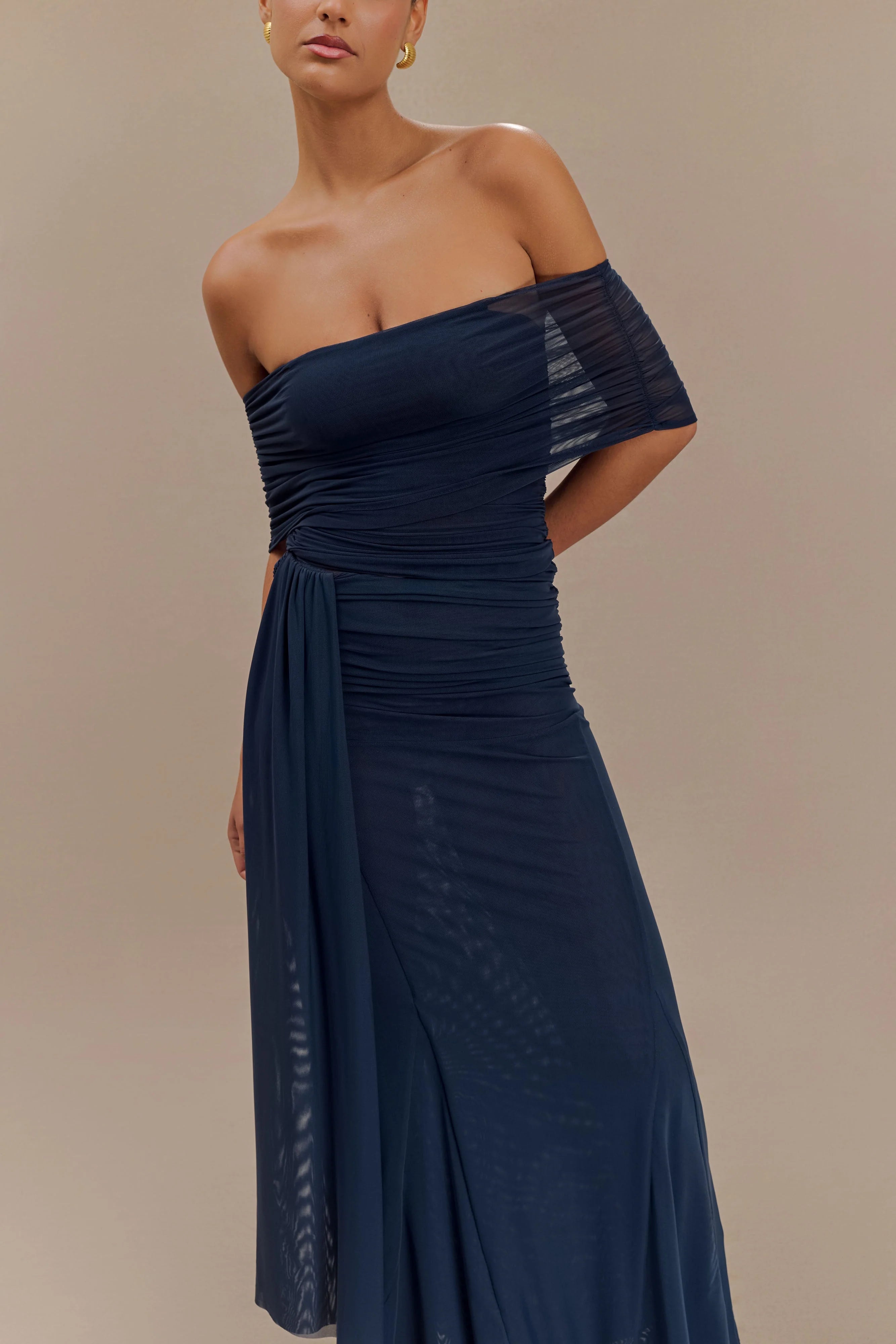 Arna Off Shoulder Mesh Crop Top - Midnight Blue