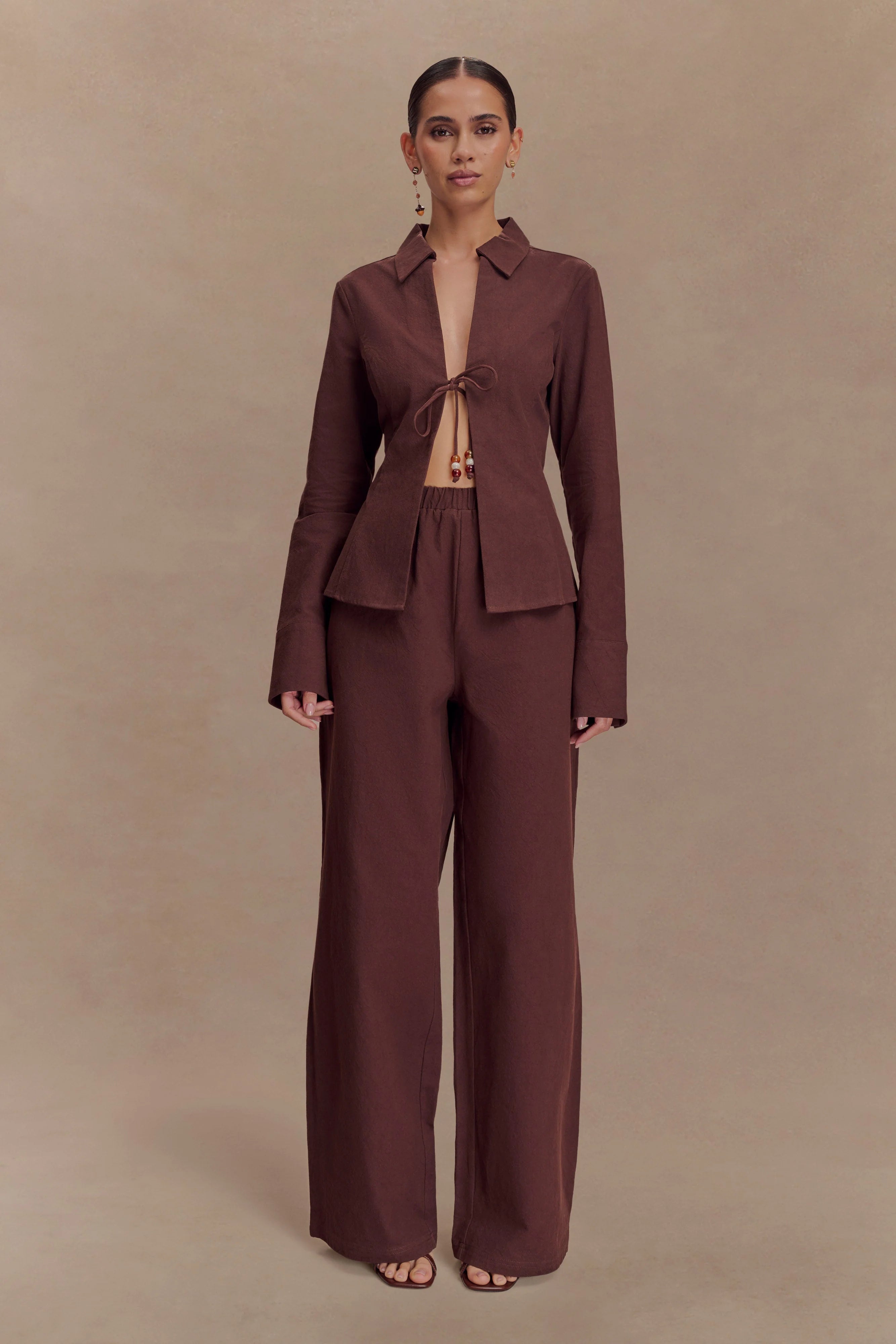 Annalee Cotton Beaded Tie Shirt - Dark Espresso
