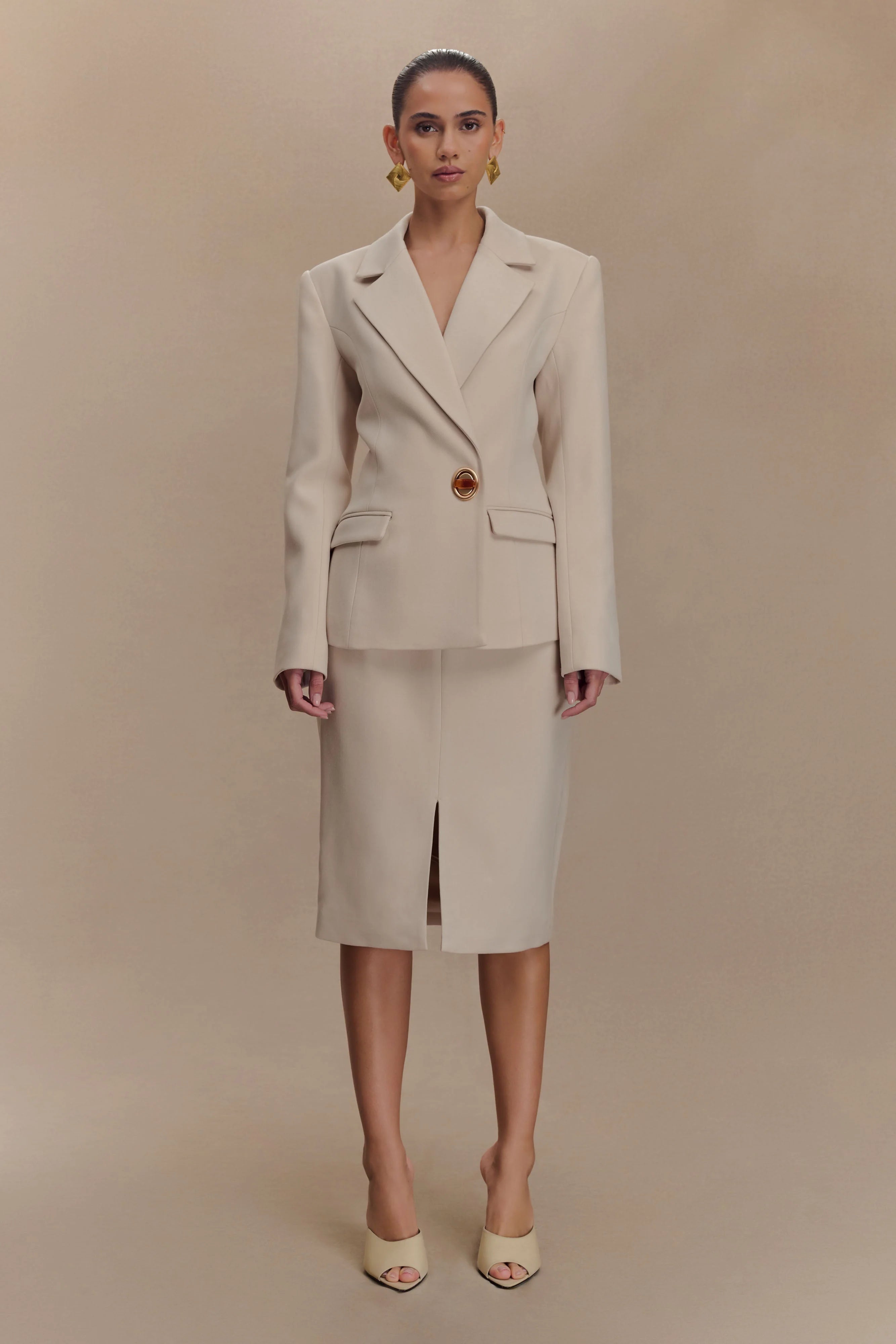 Vera Suiting Split Front Midi Skirt - Ivory Stone