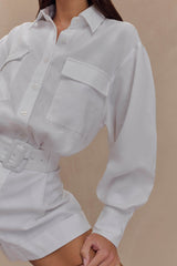 Adia Linen Belted Playsuit - White