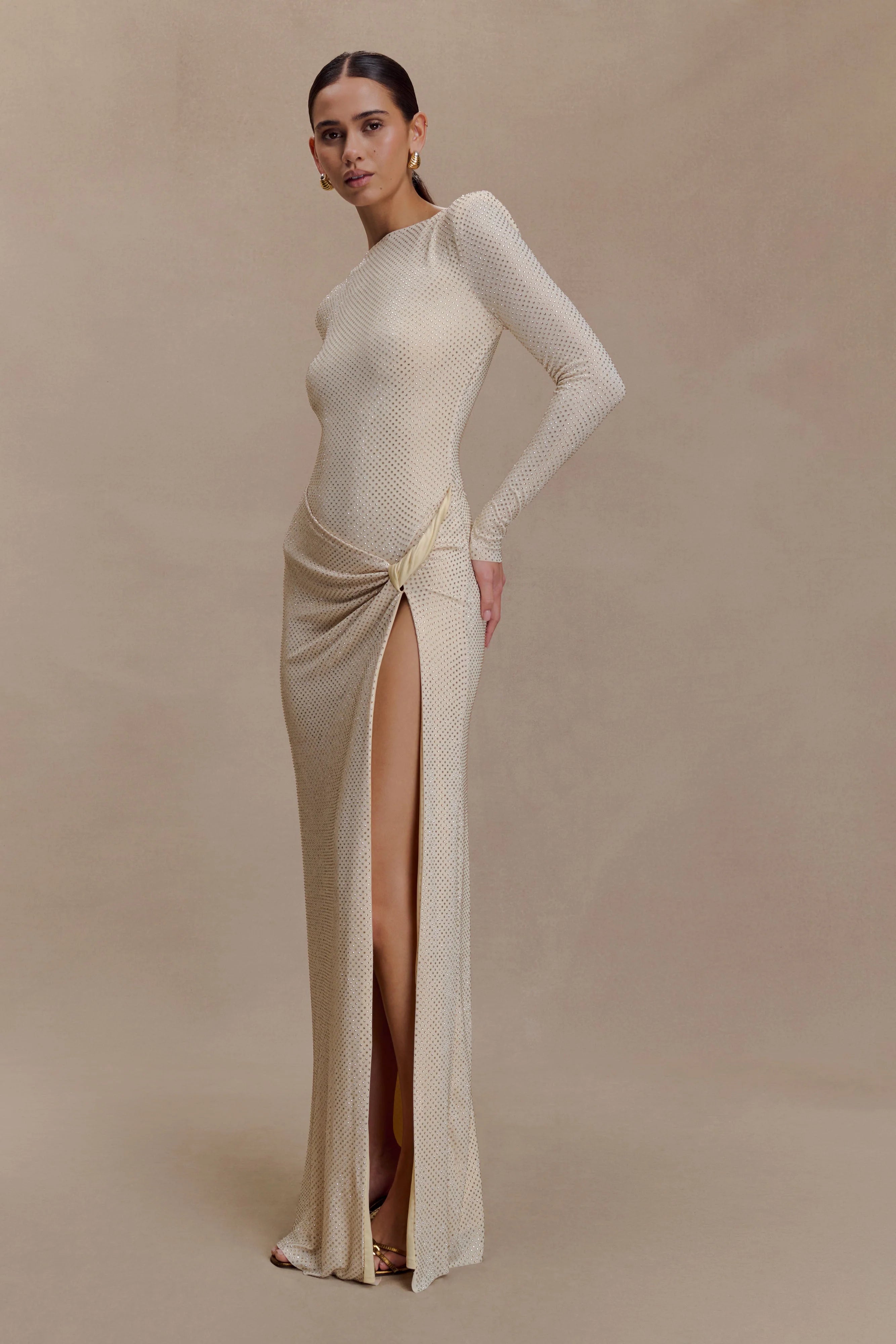 Deanna Long Sleeve Diamante Maxi Dress - Gold