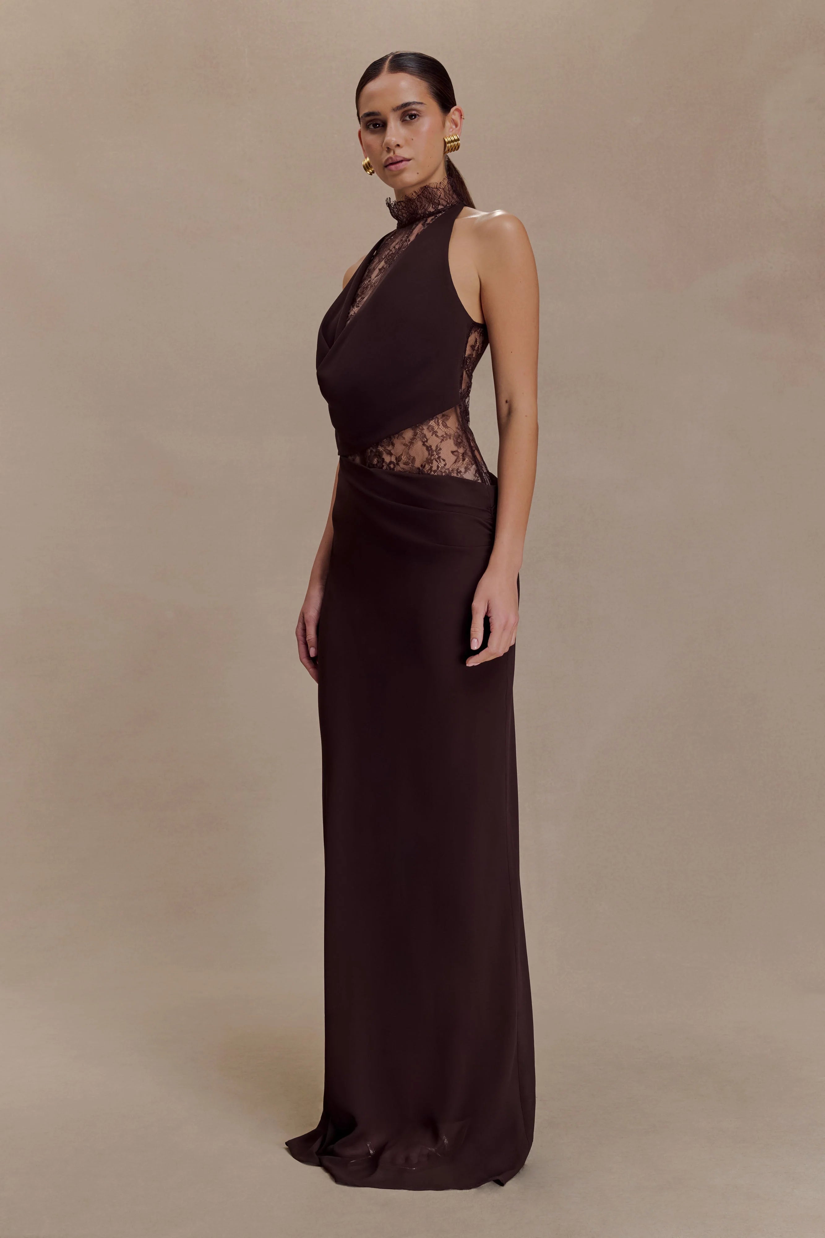 Arra Chiffon And Lace Halter Maxi Dress - Cacao Brown
