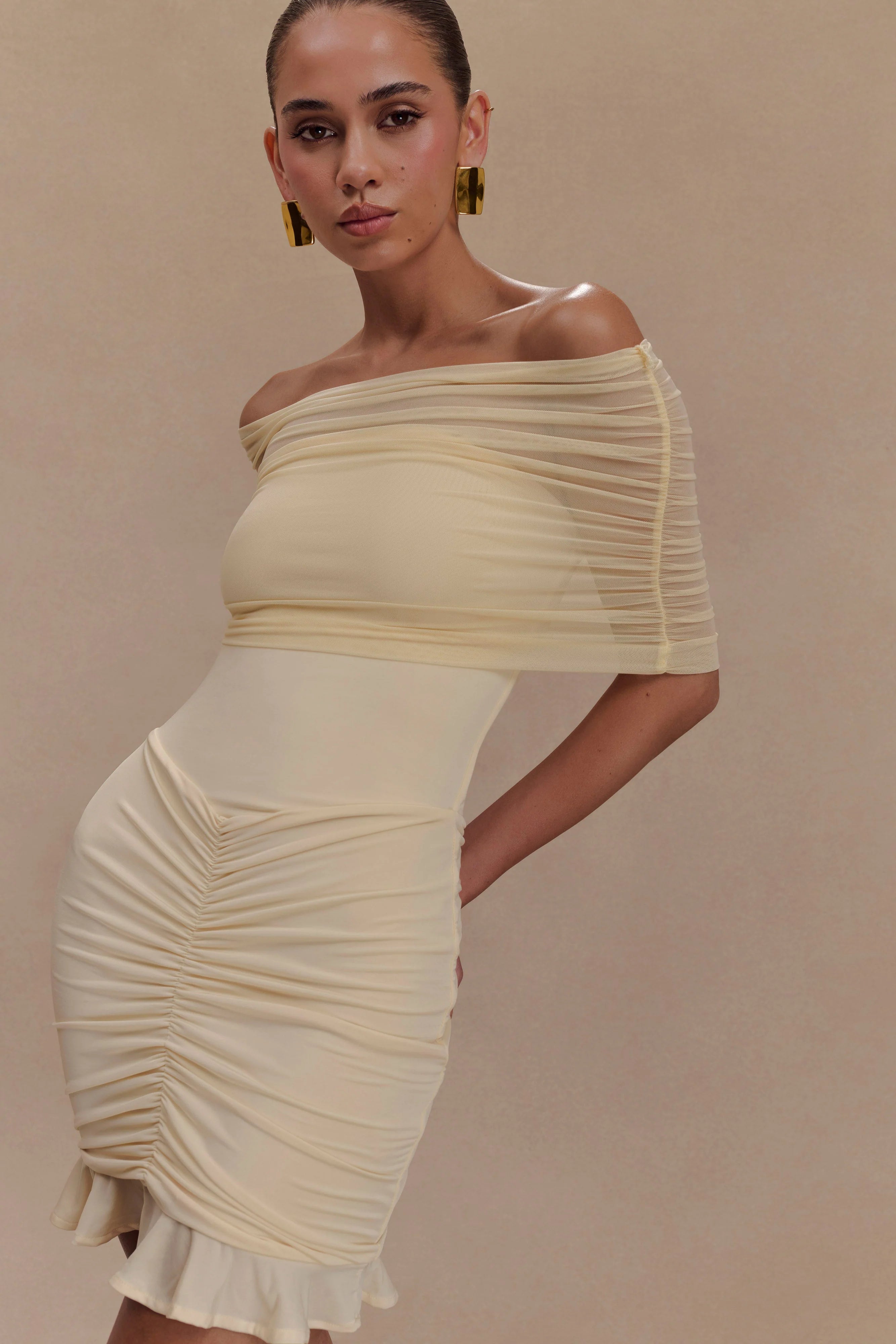 Caspian Slinky And Mesh Off Shoulder Mini Dress - Ivory