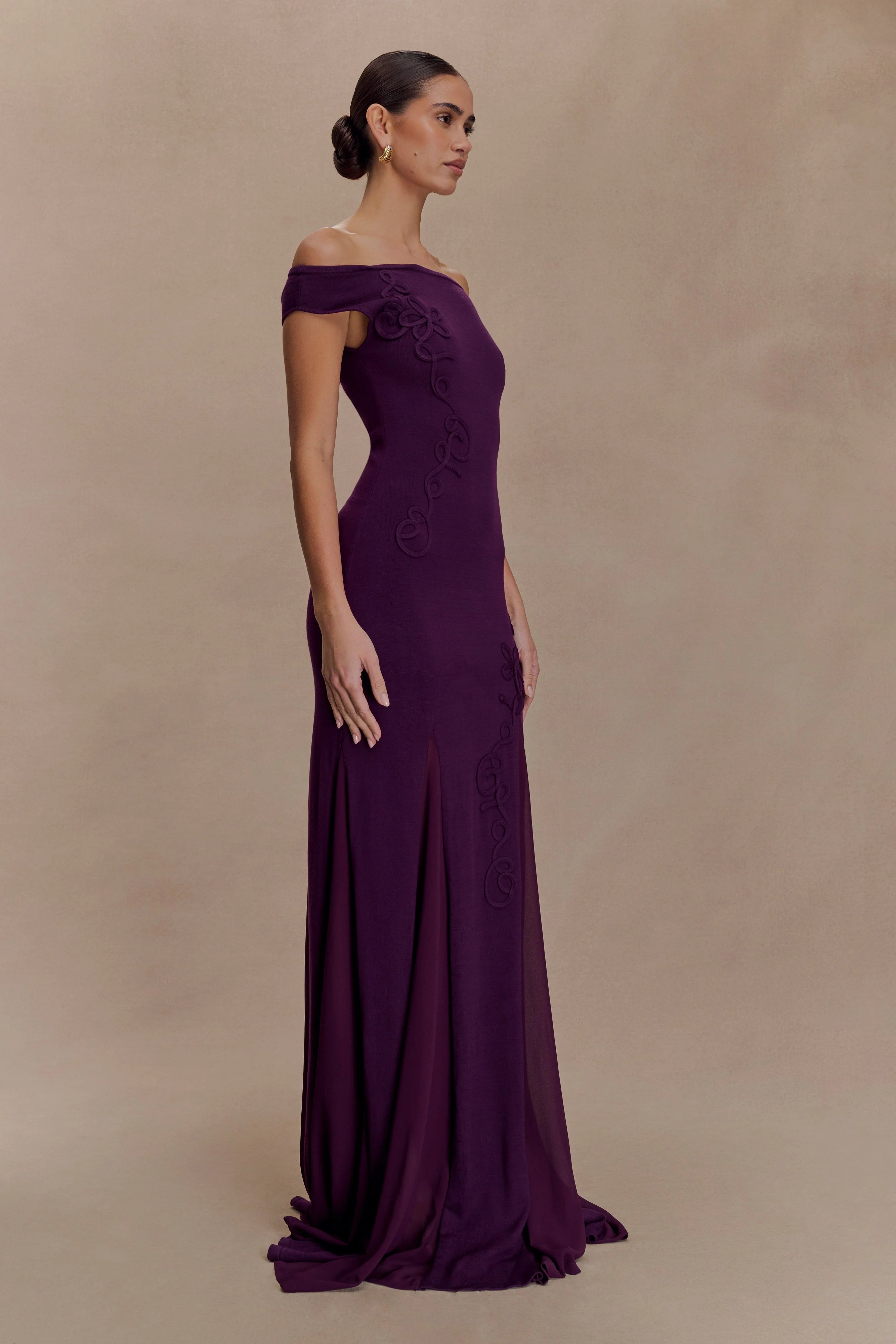 Nesta Embroidery Off Shoulder Knit Dress - Plum