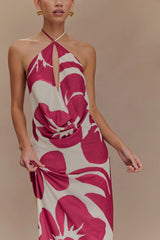 Katalina Chiffon Cowl Halter Top - Red Deco Fleur Print