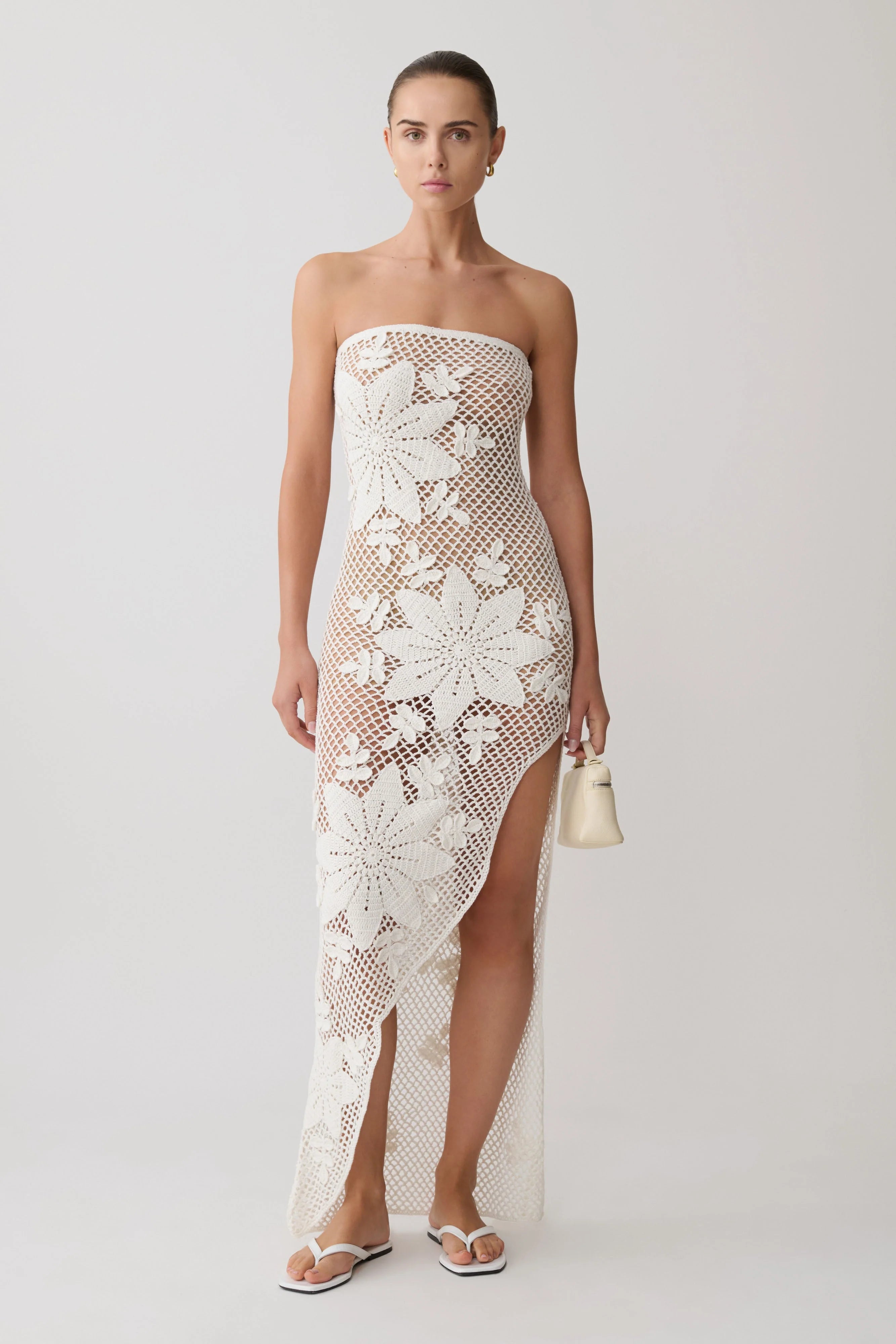 Mandie Hand Crochet Asymmetrical Maxi Dress - White