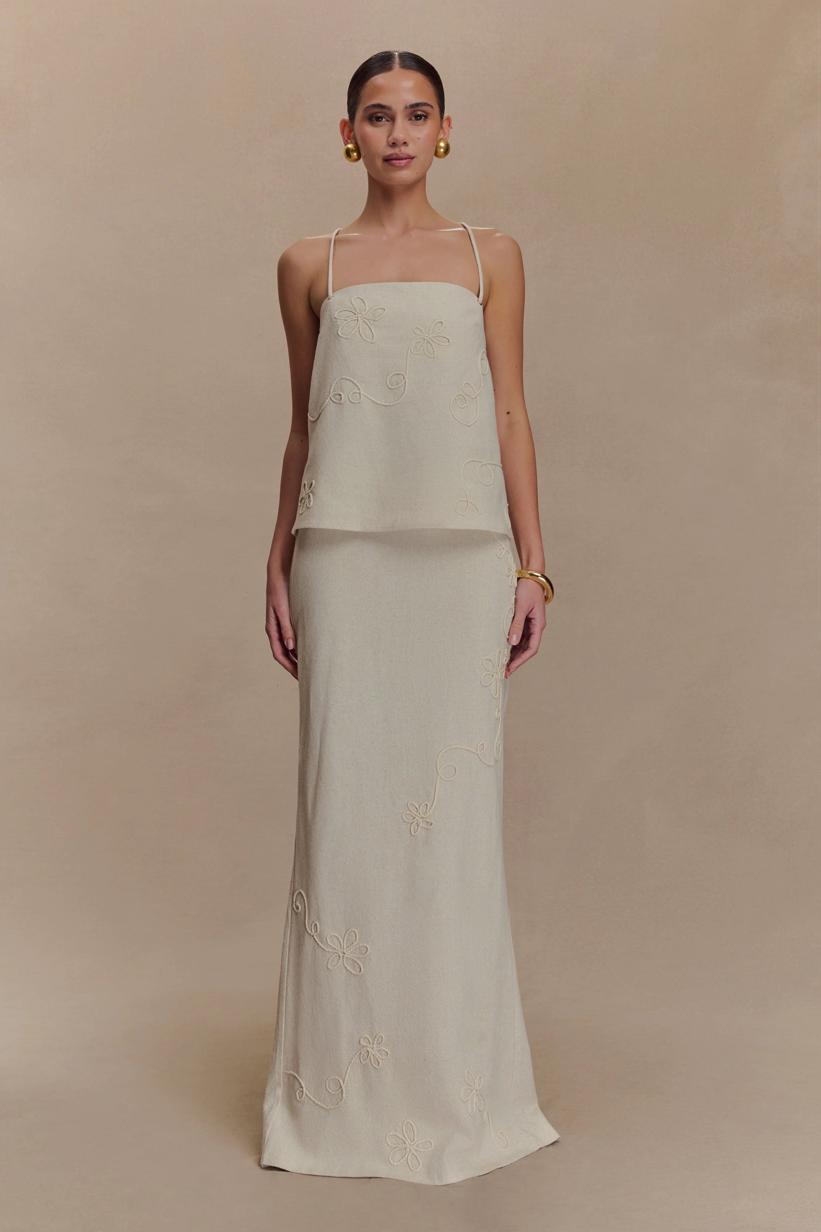 Casey Linen Embroidered Maxi Skirt - Natural