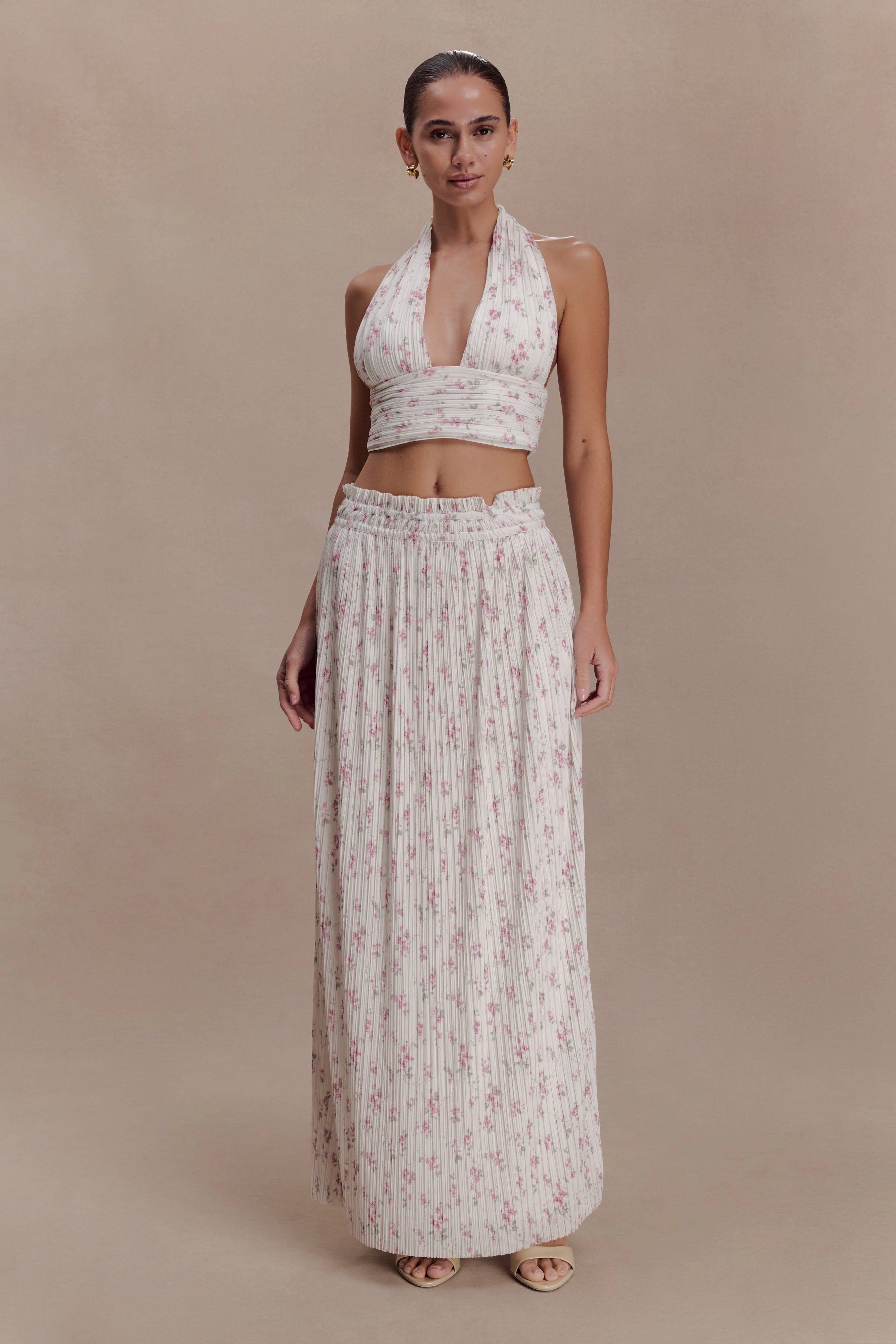Amaris Sleeveless Plisse Halter Top - Floral Ditsy Print