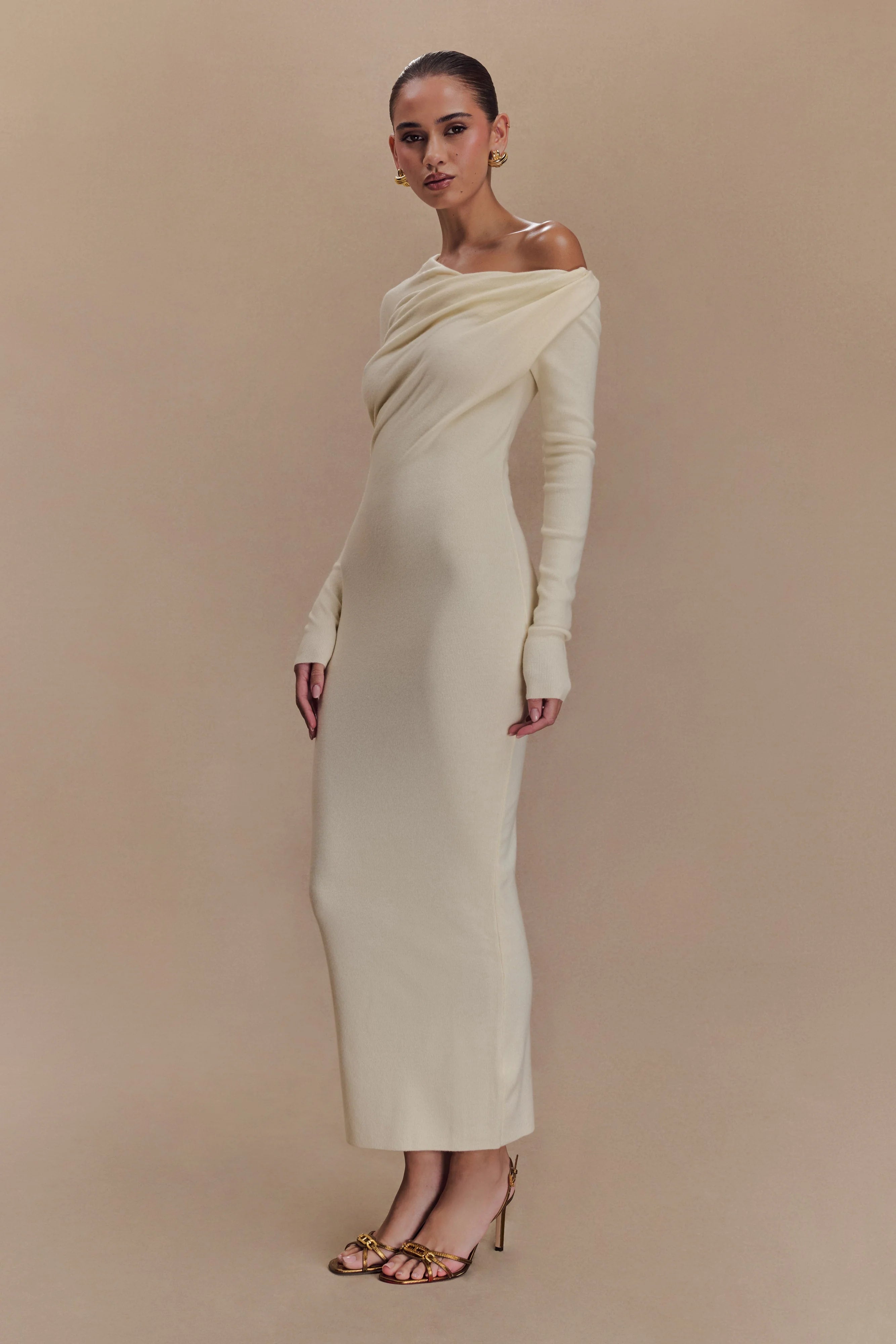 Culver Draped Twist Knit Midi Dress - Cream