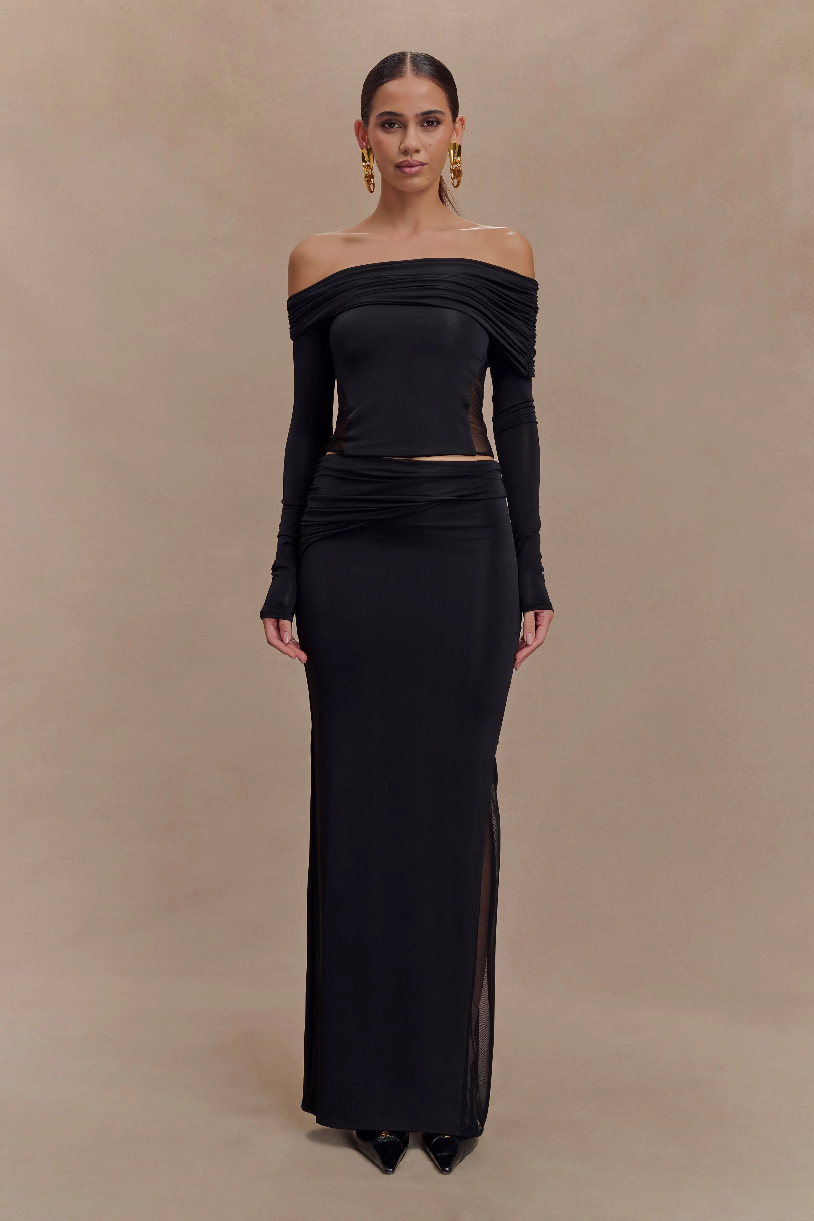 Judy Slinky And Mesh Off Shoulder Top - Black