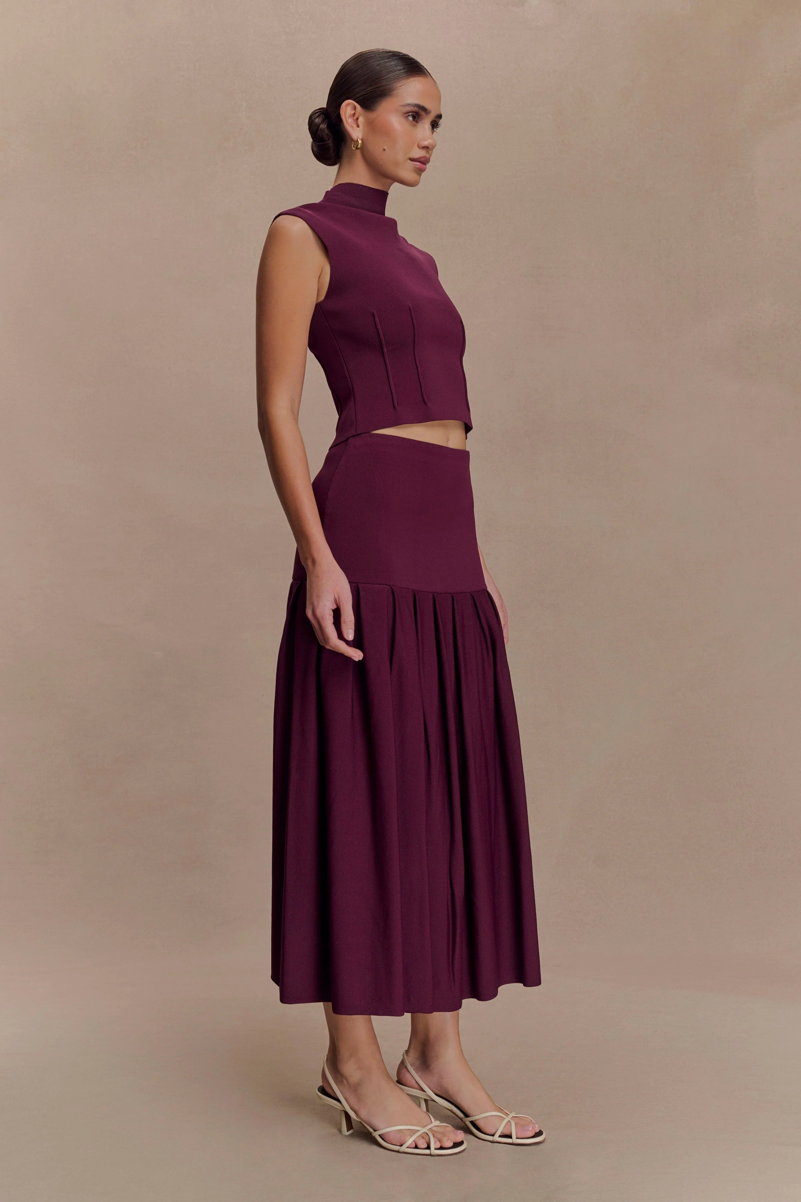 Romaine High Neck Bandage Knit Top - Wine
